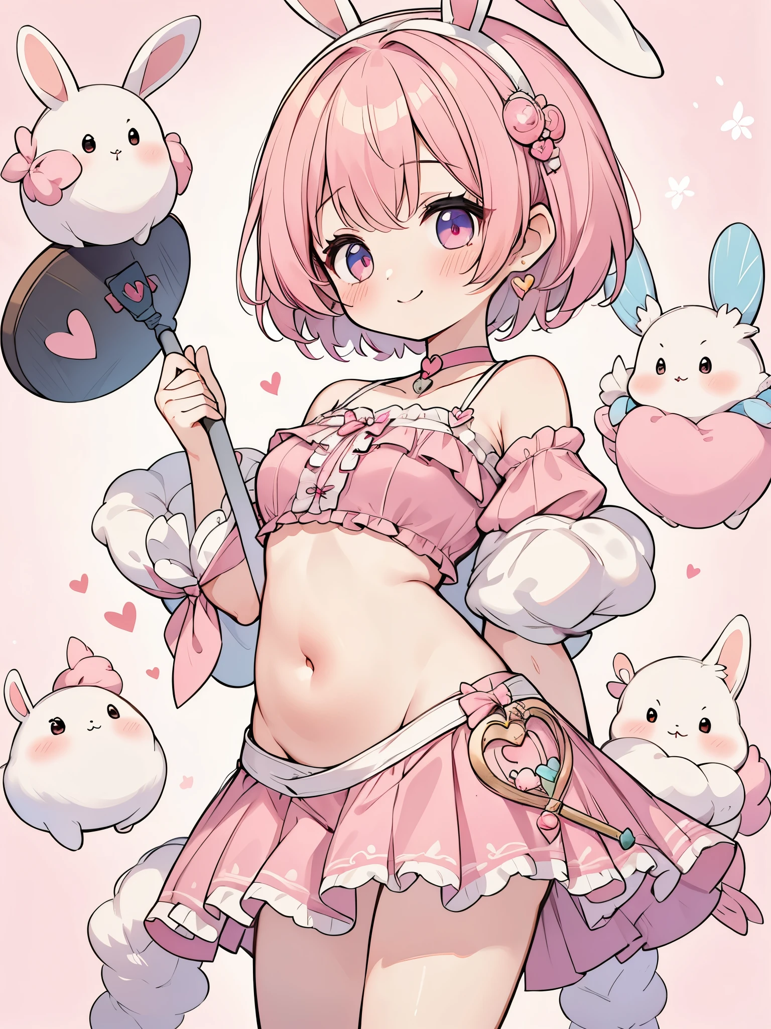 High resolution, masterpiece, Anatomically correct, Best Quality, One girl, smile、Blushing、Short Hair、Large, wide eyes、Pink Hair,Choker、Heart symbol、Simple Background、Shoulders stick out、I can see your belly button、Thighs、mini skirt、High heels、Pink outfit、Rabbit Cosplay