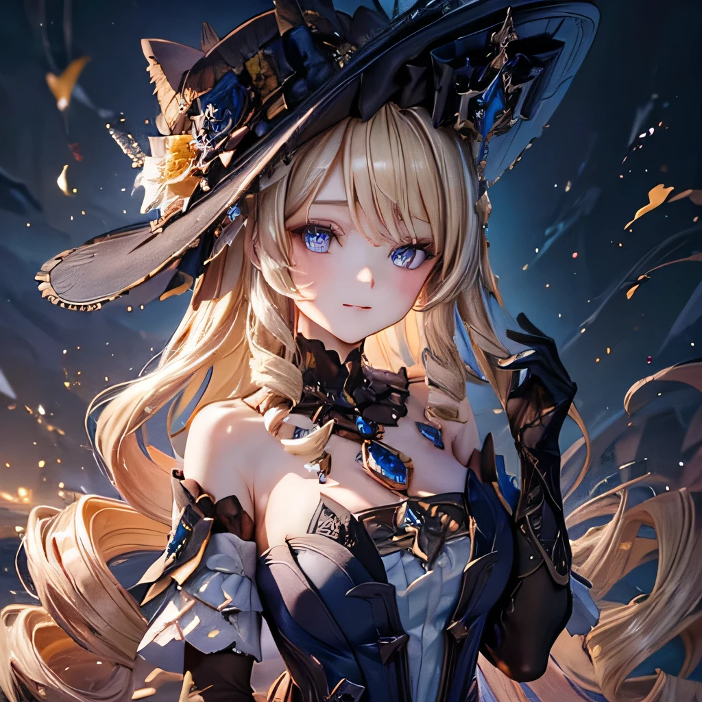 (masterpiece of the highest quality,Very delicate,Perfect Face,16k,High resolution,Very beautiful girl)) 1girl,  navia,long hair,blonde hair,hat, witch hat,blue eyes,dress,bangs,black headwear,gloves,bare shoulders,flower,jewelry,thighhighs,black gloves,drill hair,detached sleeves,smile