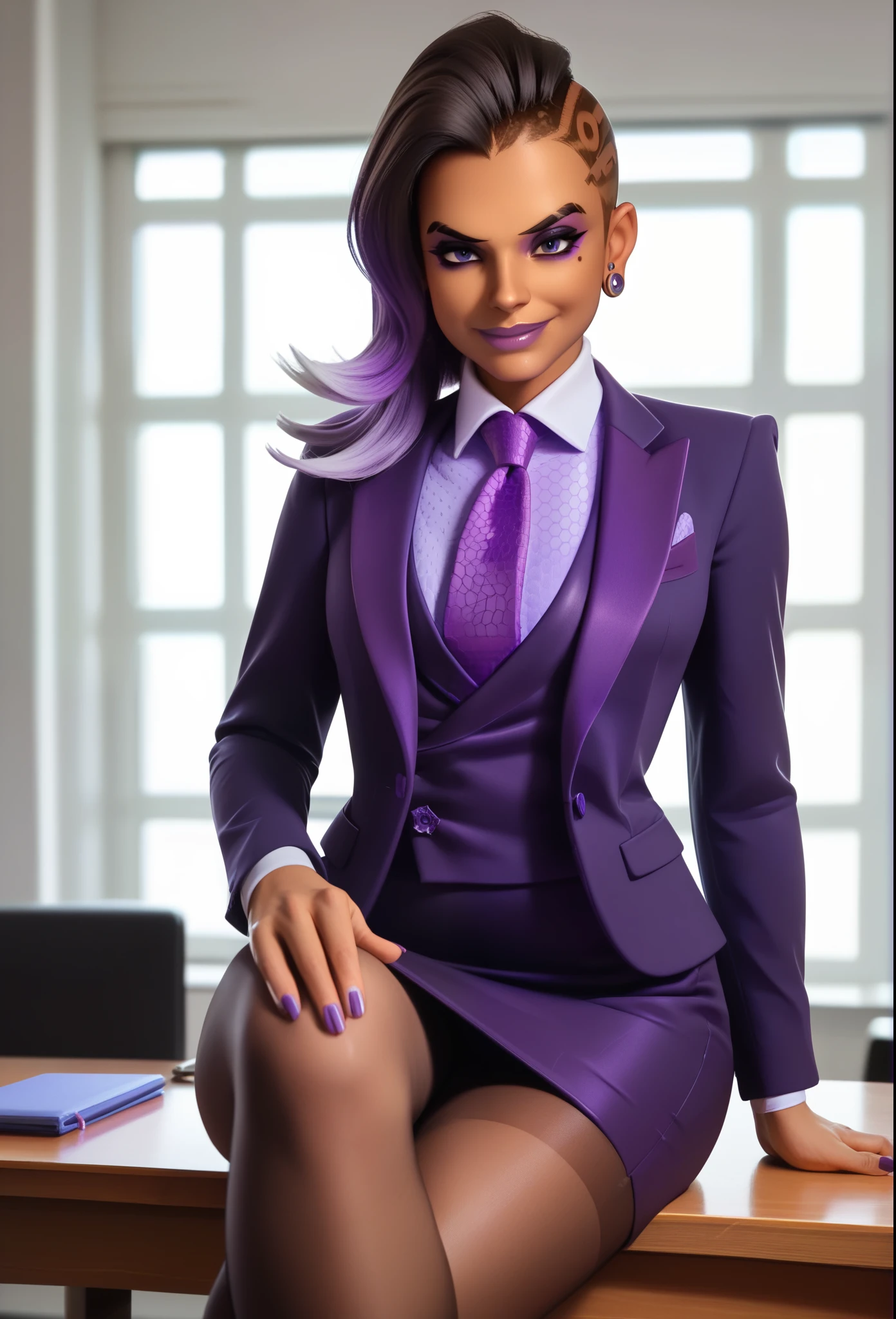 score_9, score_8_up, score_7_up, score_6_up, score_5_up, score_4_up, 3d,
owsombra, smirk, three-piece suit, ((waistcoat)), purple skirt suit, dress shirt, purple necktie, blazer, suit jacket, bodycon pencil skirt, (lilac shirt with white collar), white shirt collar, contrast collar, suit trim, makeup, lipstick, high heels, black pantyhose, sitting on desk, hand on knee, elegant, cheeky, crossed legs, holding jacket lapel, hexagon pattern