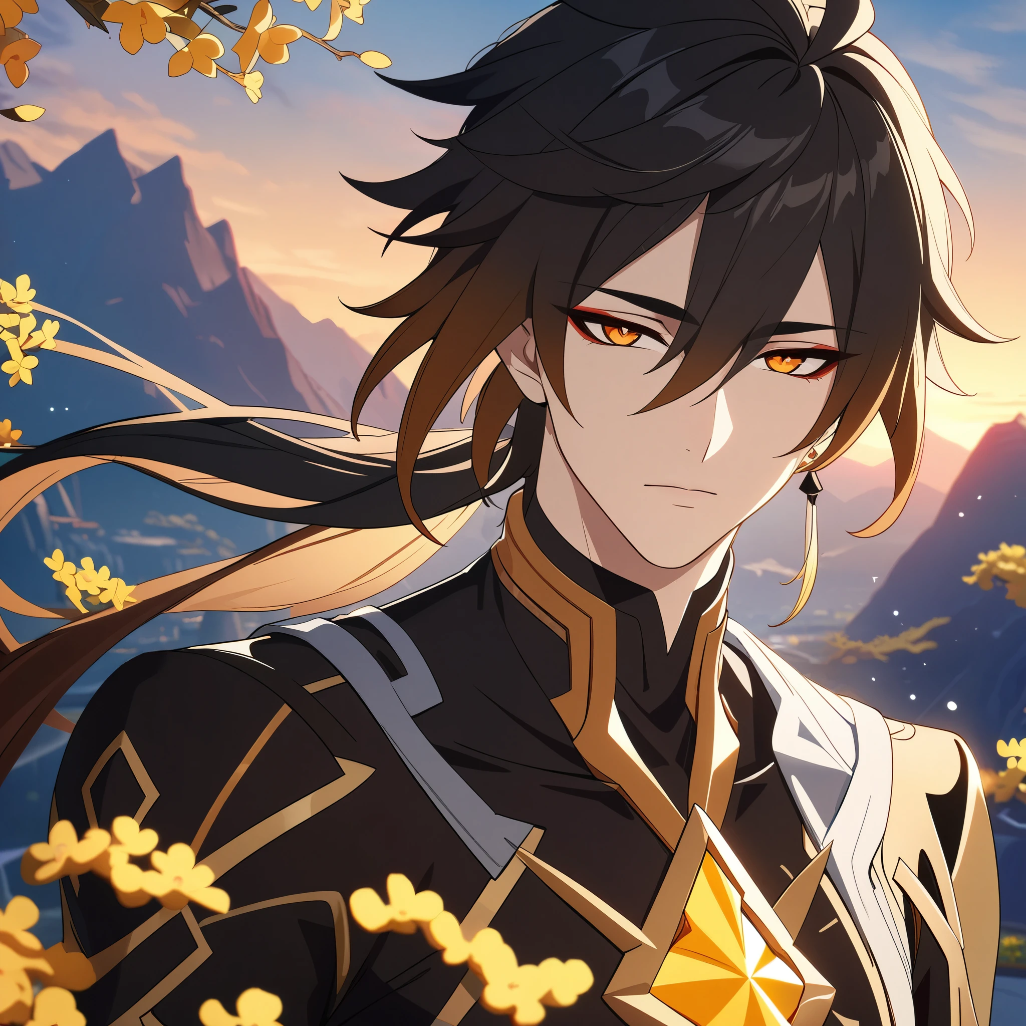 (best quality,4k,8k,highres,masterpiece:1.2),1boy, zhongli_/(archon/)_/(genshin_impact/),male focus,intricately detailed,realistic:.4,intense gold eyes,mature_male, narrow_waist,full body, by carnelian, cel shading, fantasy china background, liyue, mountains,look up at viewer, osmanthus flowers,male focus,solo,long hair,bangs,jewelry,earrings,ponytail,contemplative, thoughtful, calm, serene, red eyeliner, highly detailed eyes, volumetric lighting, sunset, golden illumination, wise and kind god,cinematic lighting, ray tracing, UHD, high details, high quality, award winning, super detail,vivid fantasy painting,hd color,seductive eyes,sexy eyes,narrowed eyes,lowered lashes,handsome man,small iris,honkai star rail character,godly,hot asian man,asian eyes,red eyeliner,blade from honkai