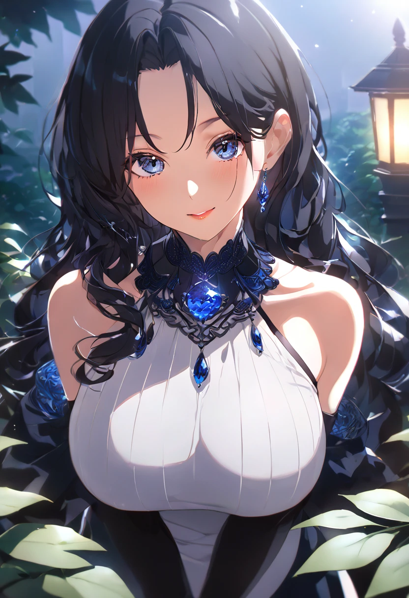 Anime Style, Beautifully detailed、High resolution portrait masterpiece of a girl with long hair。, Shiny black hair long Slight Waves hair and captivating Midnight blue eyes,She has a gorgeous smile that accentuates her small but perfectly shaped breasts..eyes,Glossy lips,Glowing Skin, looks at me ,blush, milf,Big , standing in the garden ,Soft sunlight ,A gentle breeze, big breasts,Evening gown dress and Strapless dress Dark blue and light blue, fantasy outfit, wearing long black gloves,Pantyhose black ,There are luxurious ornaments on the neck and dress.,เต็มตัว,รองเท้าส้นสูงสีดำ