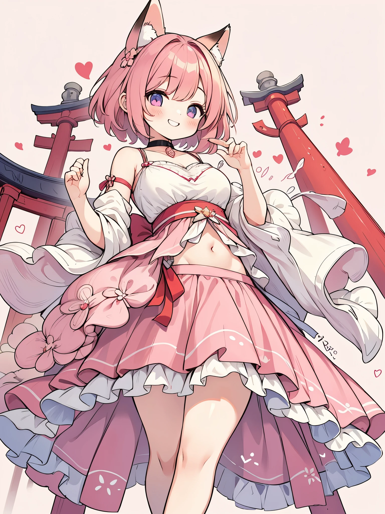 High resolution, masterpiece, Anatomically correct, Best Quality, One girl, smile、Blushing、Short Hair、Large, wide eyes、Pink Hair,Choker、Heart symbol、Simple Background、Shoulders stick out、I can see your belly button、Thighs、mini skirt、High heels、Clothing in red、Fox Cosplay、Big Breasts、Grinning face、Eyes half closed、Confused eyes、torii