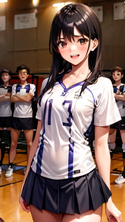 A tall athletic high school girl with short black hair, wearing a volleyball uniform, standing in a gymnasium, surrounded by a group of boys teasing her, her expression calm but slightly annoyed, her posture strong and confident, the boys pointing at her height, laughing　NSFW　rating_explicit
