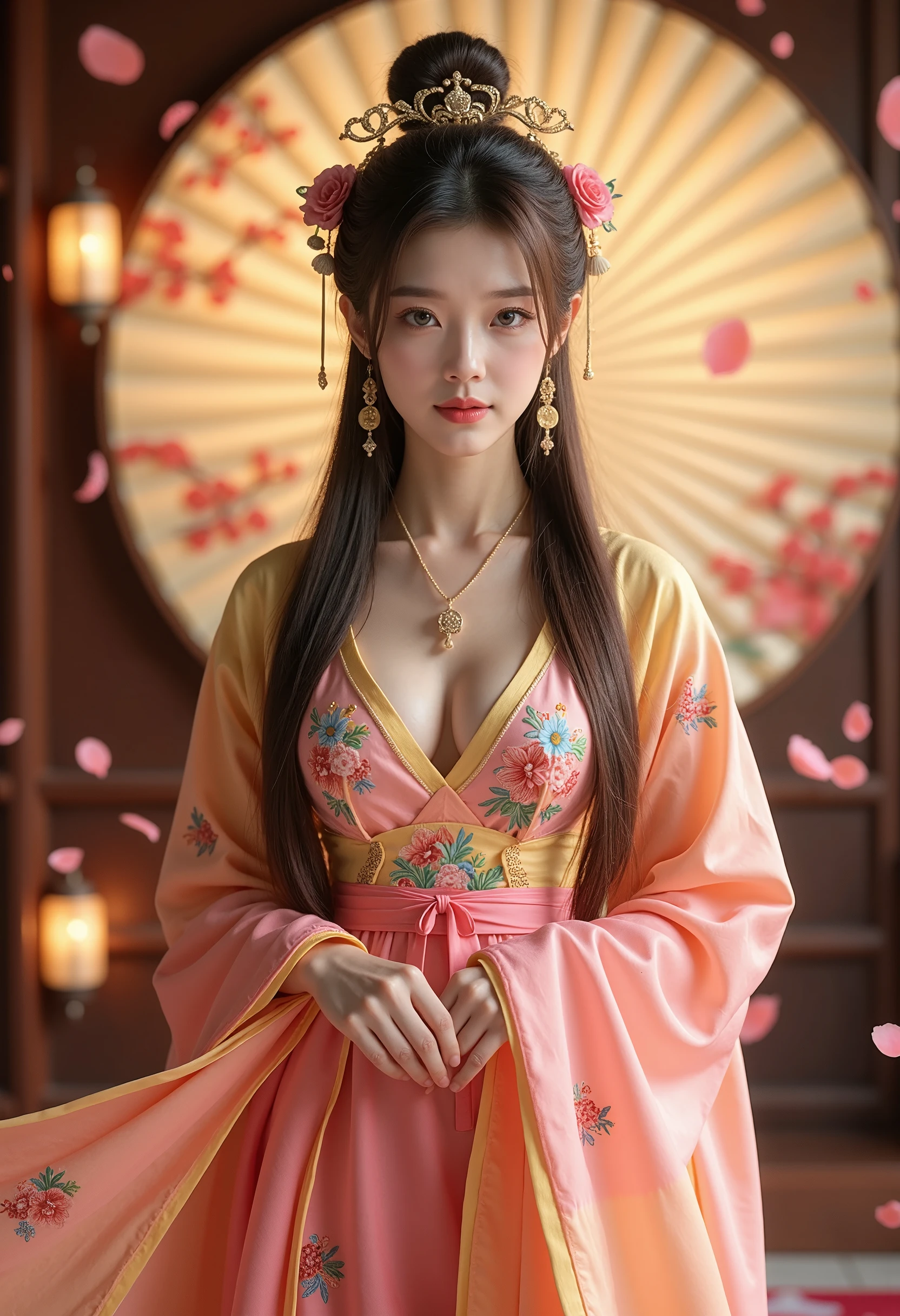 1qqq, Realistic, Best Quality, Masterpiece, High Resolution, (Exquisite Body: 1.5), Gorgeous Face, (Milky White Skin: 1.3), Complex Details, High Resolution Wallpaper, 1 Girl, Solo, Dress, Hair Accessories, ((Pink and Yellow Dresses)), Flowers, Long Hair, Brown Hair, Closed Mouth, Jewelry, Long Sleeves, Wide Sleeves, Big Eyes, Floating Hair, Chinese Clothing, Hanfu, Embroidery, Long Skirt, Natural Posture, Petal Falling, Indoor, Fan shaped, Lantern, 16K, HDR, High Definition, Depth of Field, (Film Grain: 1.1), Scattered View, Golden Moment, (Camera Flash), Small Illustrations, Rainbow, (Color Rating: 1.5) (Big chest: 1.2), upper body,