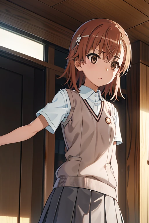 masterspiece, beste Quality, Misaka_mikoto, brown eyess, Short_Hair, Small_Breast, looking at the viewers Student uniforms, tokiwadai_School_uniform, whiteshirt, Sweater Vest, grey skirt, Shorts under the skirt, Loose socks, shoes, standing a