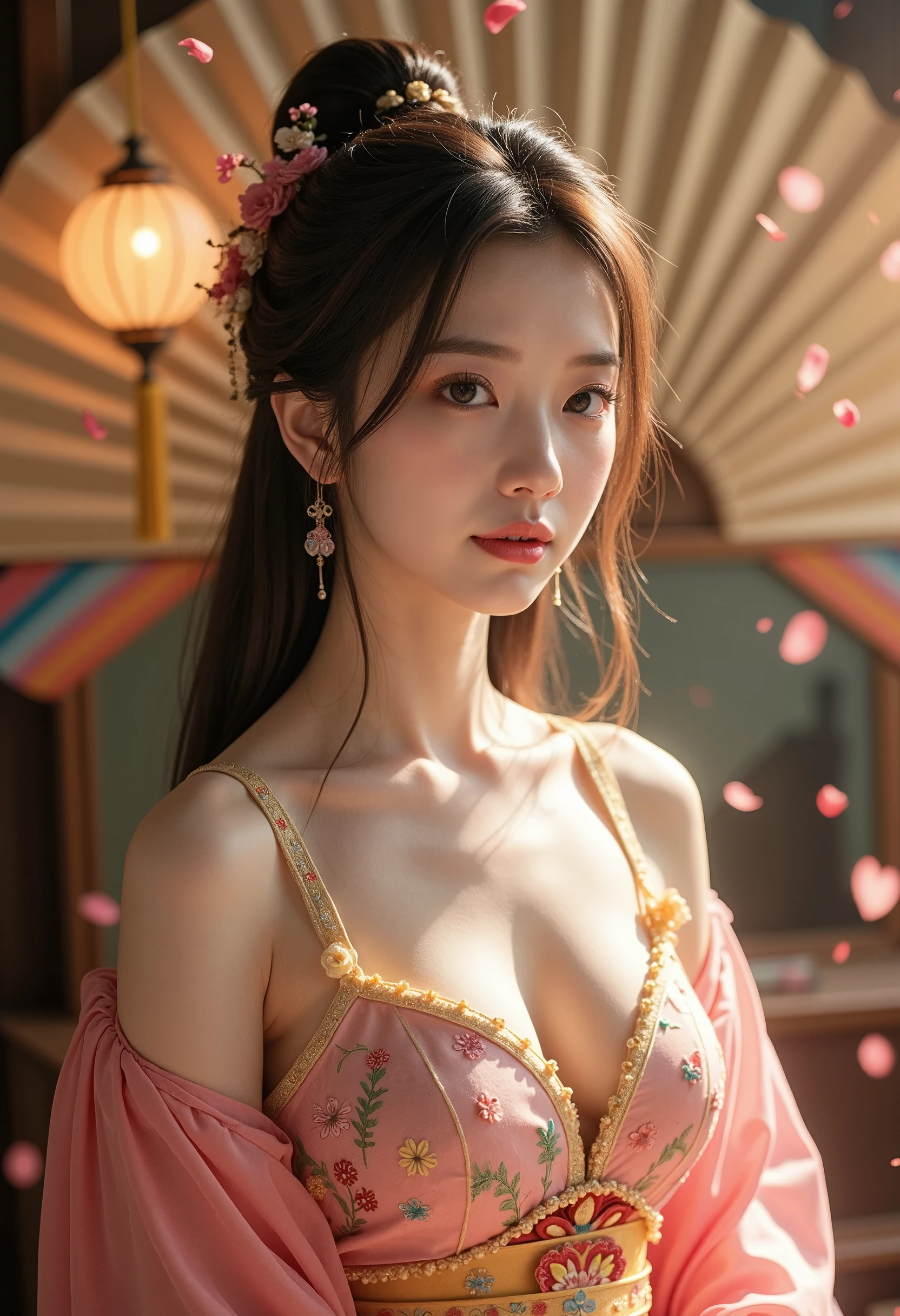 1qqq, Realistic, Best Quality, Masterpiece, High Resolution, (Exquisite Body: 1.5), Gorgeous Face, (Milky White Skin: 1.3), Complex Details, High Resolution Wallpaper, 1 Girl, Solo, Dress, Hair Accessories, ((Pink and Yellow Dresses)), Flowers, Long Hair, Brown Hair, Closed Mouth, Jewelry, Long Sleeves, Wide Sleeves, Big Eyes, Floating Hair, Chinese Clothing, Hanfu, Embroidery, Long Skirt, Natural Posture, Petal Falling, Indoor, Fan shaped, Lantern, 16K, HDR, High Definition, Depth of Field, (Film Grain: 1.1), Scattered View, Golden Moment, (Camera Flash), Small Illustrations, Rainbow, (Color Rating: 1.5) (Big chest: 1.2), upper body,