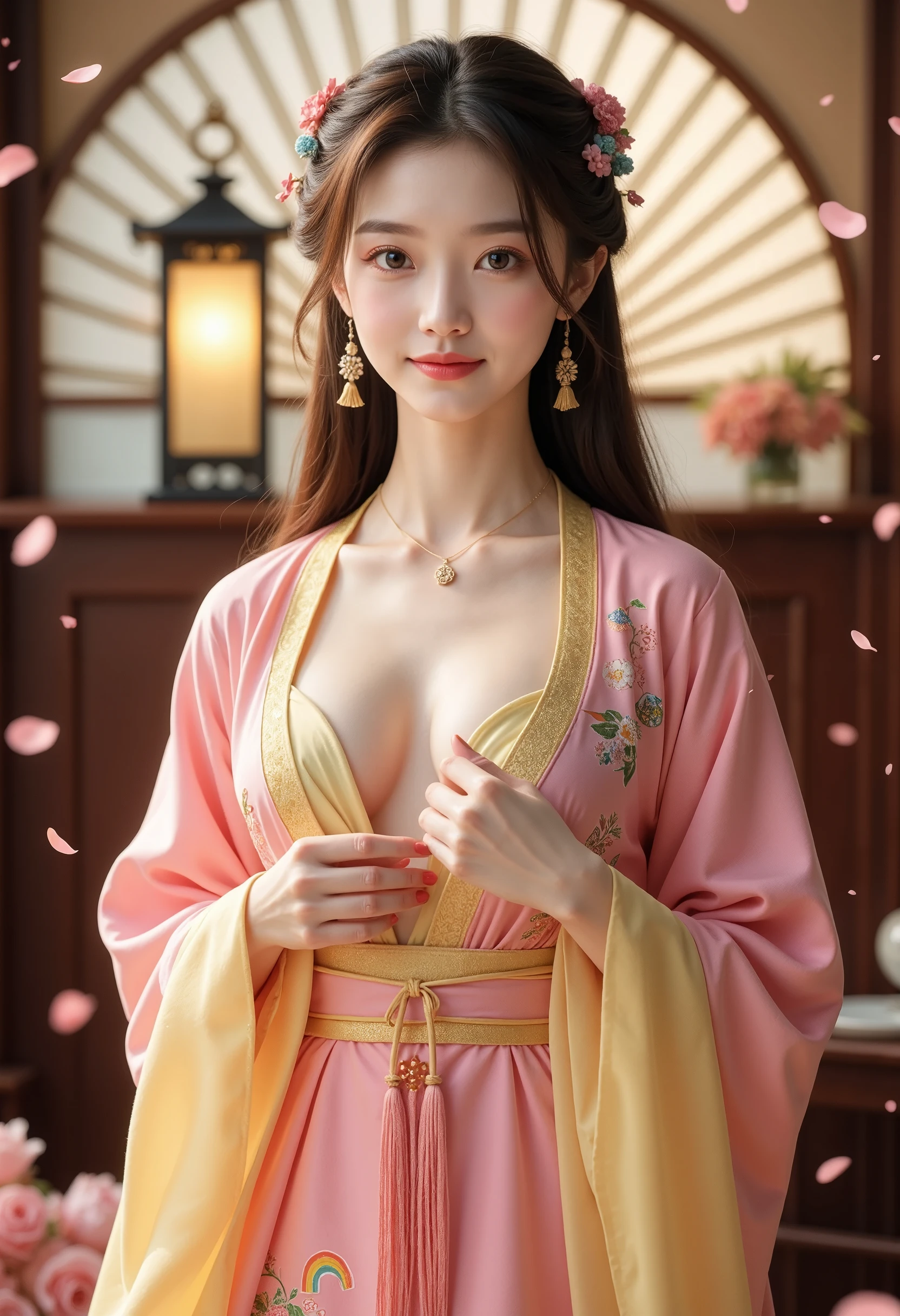 1qqq, Realistic, Best Quality, Masterpiece, High Resolution, (Exquisite Body: 1.5), Gorgeous Face, (Milky White Skin: 1.3), Complex Details, High Resolution Wallpaper, 1 Girl, Solo, Dress, Hair Accessories, ((Pink and Yellow Dresses)), Flowers, Long Hair, Brown Hair, Closed Mouth, Jewelry, Long Sleeves, Wide Sleeves, Big Eyes, Floating Hair, Chinese Clothing, Hanfu, Embroidery, Long Skirt, Natural Posture, Petal Falling, Indoor, Fan shaped, Lantern, 16K, HDR, High Definition, Depth of Field, (Film Grain: 1.1), Scattered View, Golden Moment, (Camera Flash), Small Illustrations, Rainbow, (Color Rating: 1.5) (Big chest: 1.2), upper body,