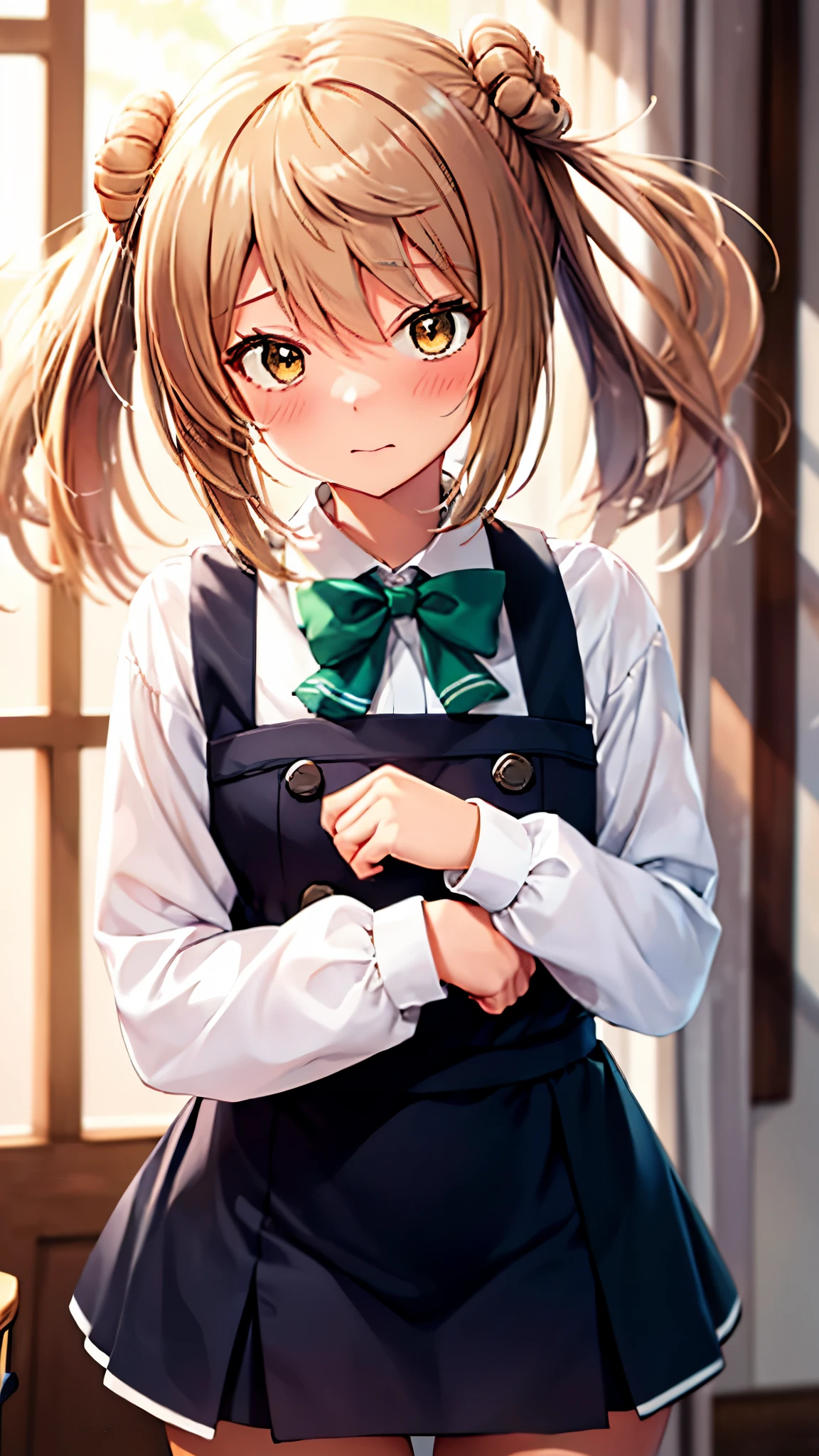 (masterpiece), (Best Quality), (Super detailed) (Very delicate and beautiful)　solo　Kantai Collection_high tide　michishio_kantaicollection　Twin tails, Double bun, Bun Hair, ショートTwin tails, Light Brown Hair, Brown eyes, blush, Yellow Eyes, Green bow tie, Navy blue pinafore dress, White Shirt, Long sleeve　(Embarrassed look),　Panic look　Being hugged by a man in military uniform　Small room