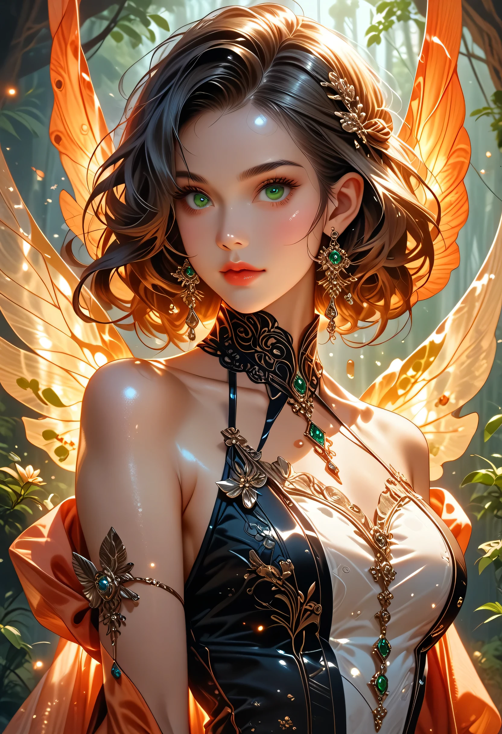(Numerous award-winning masterpieces, with incredible detail, textures and maximum detail), (full-body standing image:1.8), (upper body up:0.3), (hyper realistic:1.4), (realistic:1.3), (best quality real texture skin), (Beautiful fairy high rank wizard: 1.7), (holds a long wizard's staff that is elaborately decorated and emits a mysterious light: 1.7), (finely detailed true circle Symmetrical eyes), (finely drawn beautiful face), ((medieval world)), (Wearing a wizard's black hat: 1.6), (A jet-black cloak with delicate decorations: 1.6), (A cloak with delicate decorations, although it is damaged and faded: 1.5), (full-body standing image:1.8), (Beautiful clear eyes), (slight smile), (beautiful colored eyes full of joy), (Advanced fairy wizard who releases magic from his fingertips: 1.3), (Shining majestic cloud masses and sky:1.4), (Magic circle that emits light strongly: 1.3), Dramatic Light, majestic sight, (There are 4 large transparent wings of a dragonfly behind the shoulders: 1.7), (((folded wings))), Glass earrings on the ears, (((dramatic photo))), (full-body standing image:1.8), (golden hair), (silver hair), (chestnut hair), Short cut hair, ((looks up)), ((looking down)), (Around her neck is a simple necklace of exquisite workmanship), Old ruins infested with plants, great temple, great cathedral, temple ruins, detached temple, (Luminous magic circle), Ruins of an ancient castle, Deserted ruins, crumbling ruins, Ancient ruins with clear water, highly detailed, ultra-realistic, intricate details, painting (artwork), ((masterpiece,best quality)), ((cinematic light)), hyper realistic, fearsome, dark fantasy, Sacred Light, epic realistic, faded, ((neutral colors)), art, (hdr:1.5), (muted colors:1.2), hyper detailed, (art station:1.5), cinematic, warm lights, light effect, dramatic light, (intricate details:1.1), complex background, (Greg rutkowski:0.8), (teal and orange:0.4),