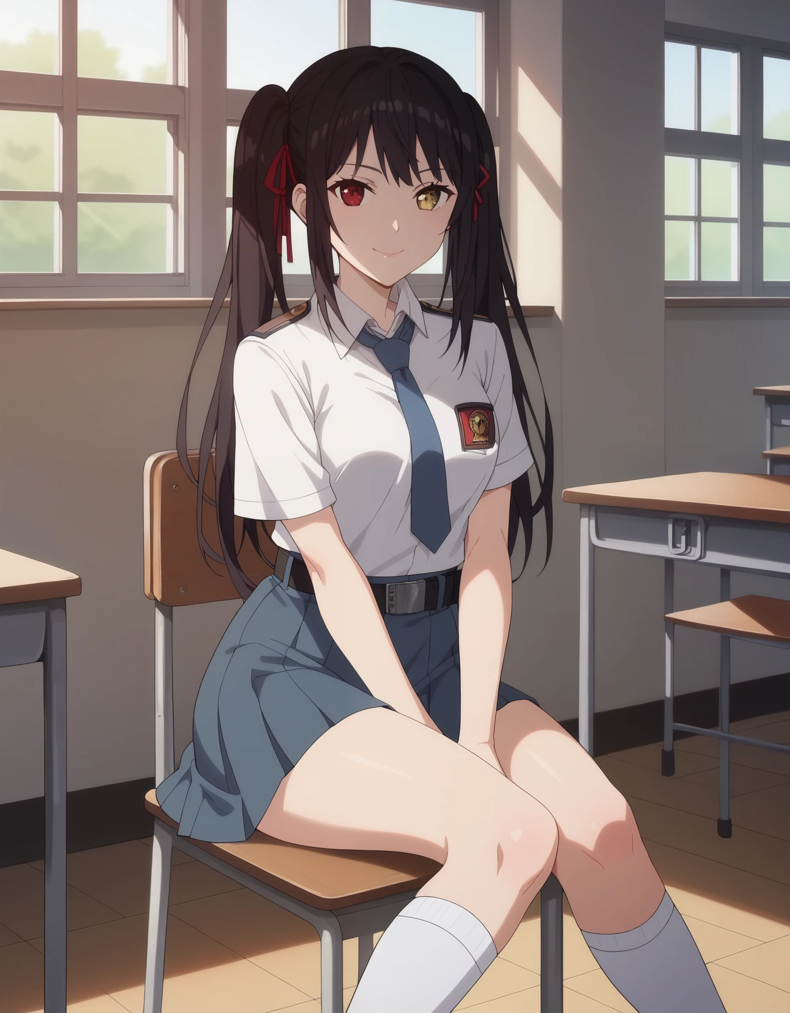 score_9, score_8_up, score_7_up, solo,1girl, kurumi tokisaki, black hair, red eyes, long hair,
twintails, yellow eyes, medium breasts, tucked in sma shirt, sma necktie, sma belt, sma skirt, sma shirt, sma skirt, inside classroom, windows, chair, tables thighs, looking at viewer, smile, sunligth, sit on chair, socks, hands between thighs, anime screencrap, dutch shot, yandere