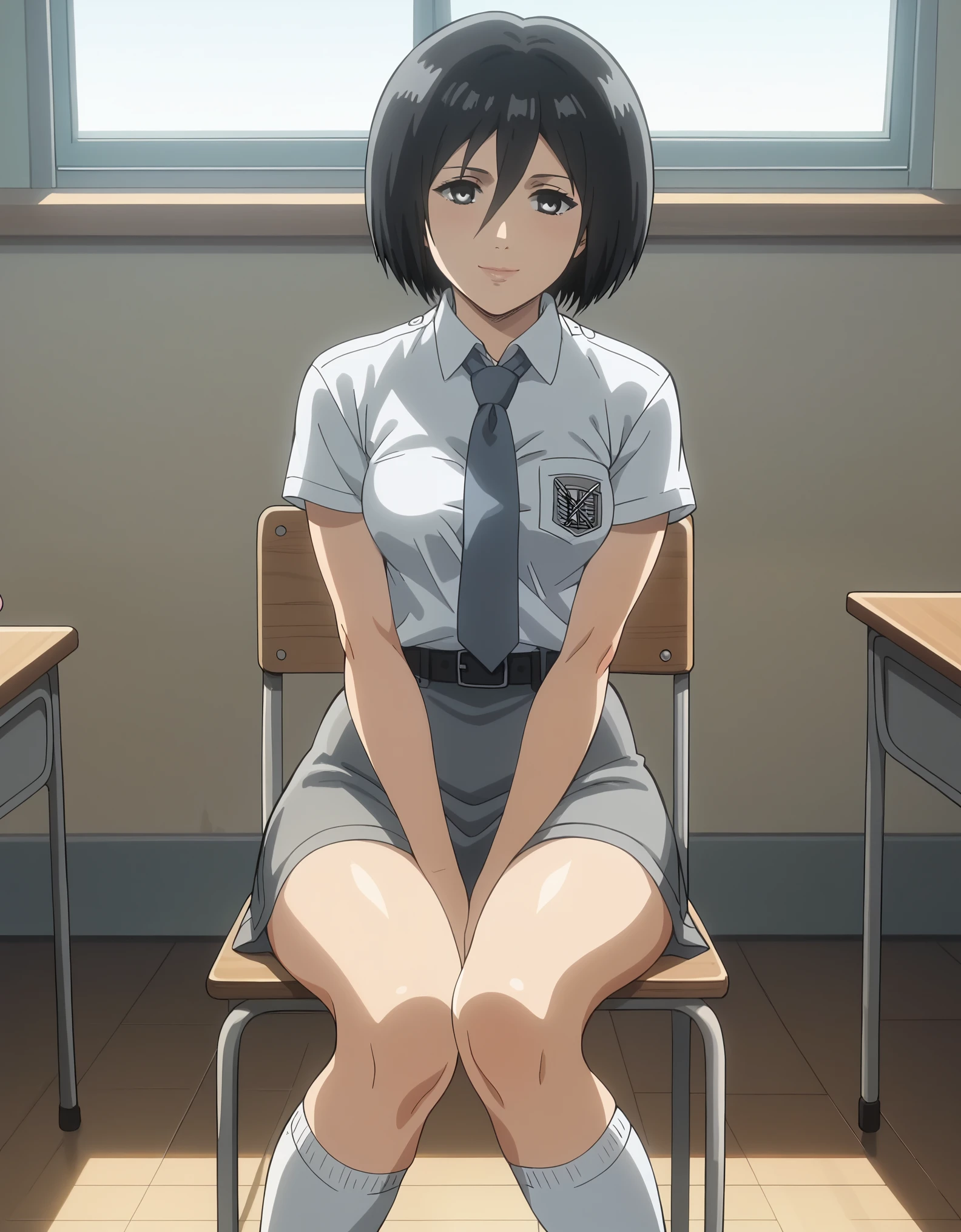 score_9, score_8_up, score_7_up, solo,1girl, mikasa ackerman, black hair, black eyes, short hair, hair between eyes,medium breasts, tucked in sma shirt, sma necktie, sma belt, sma skirt, sma shirt, sma skirt, inside classroom, windows, chair, tables thighs, looking at viewer, smile, sunligth, sit on chair, socks, hands between thighs, anime screencrap, dutch shot