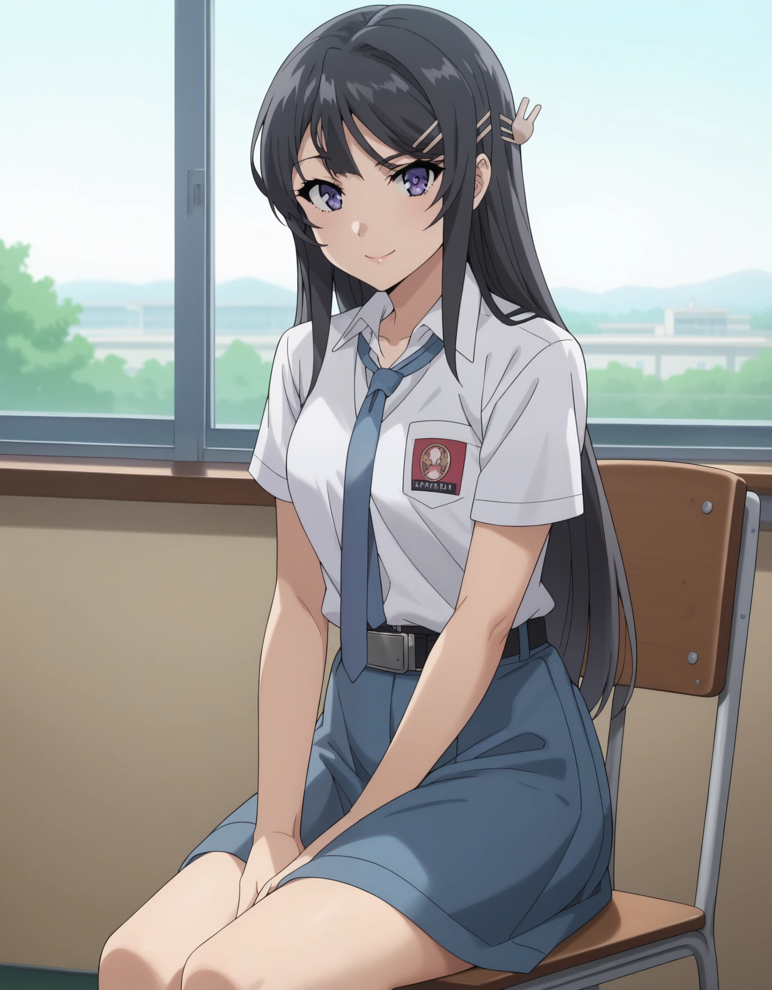 score_9, score_8_up, score_7_up, solo,1girl, mai sakurajima, long hair, bangs, black hair, hair ornament, purple eyes, hairclip, collarbone, medium breasts, tucked in sma shirt, sma necktie, sma belt, sma skirt, sma shirt, sma skirt, inside classroom, windows, chair, tables thighs, looking at viewer, smile, sunligth, sit on chair, socks, hands between thighs, anime screencrap, dutch shot