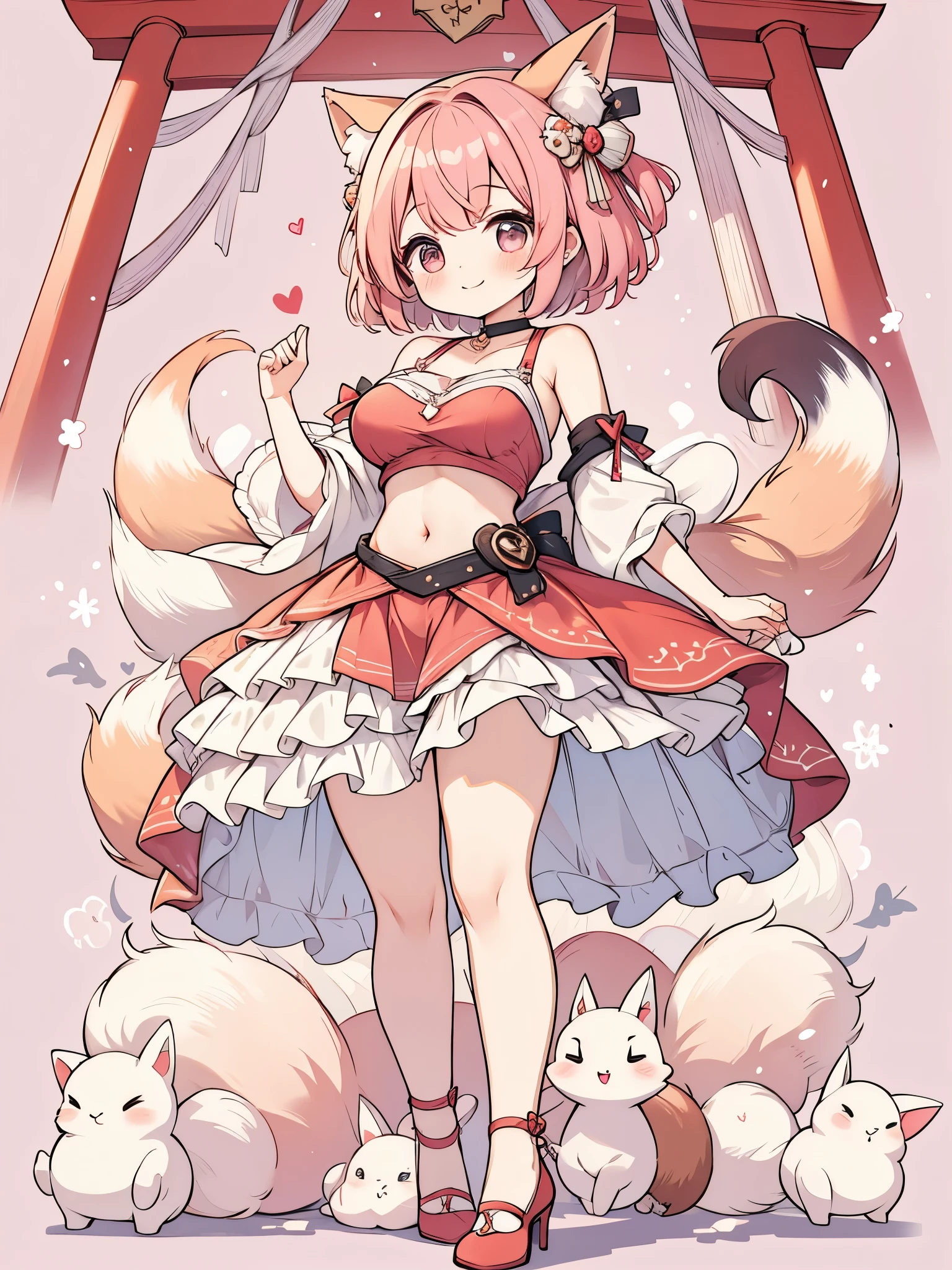 High resolution, masterpiece, Anatomically correct, Best Quality, One girl, smile、Blushing、Short Hair、Large, wide eyes、Pink Hair,Choker、Heart symbol、Simple Background、Shoulders stick out、I can see your belly button、Thighs、mini skirt、High heels、Clothing in red、Fox Cosplay、Big Breasts、torii、Nine-tailed fox