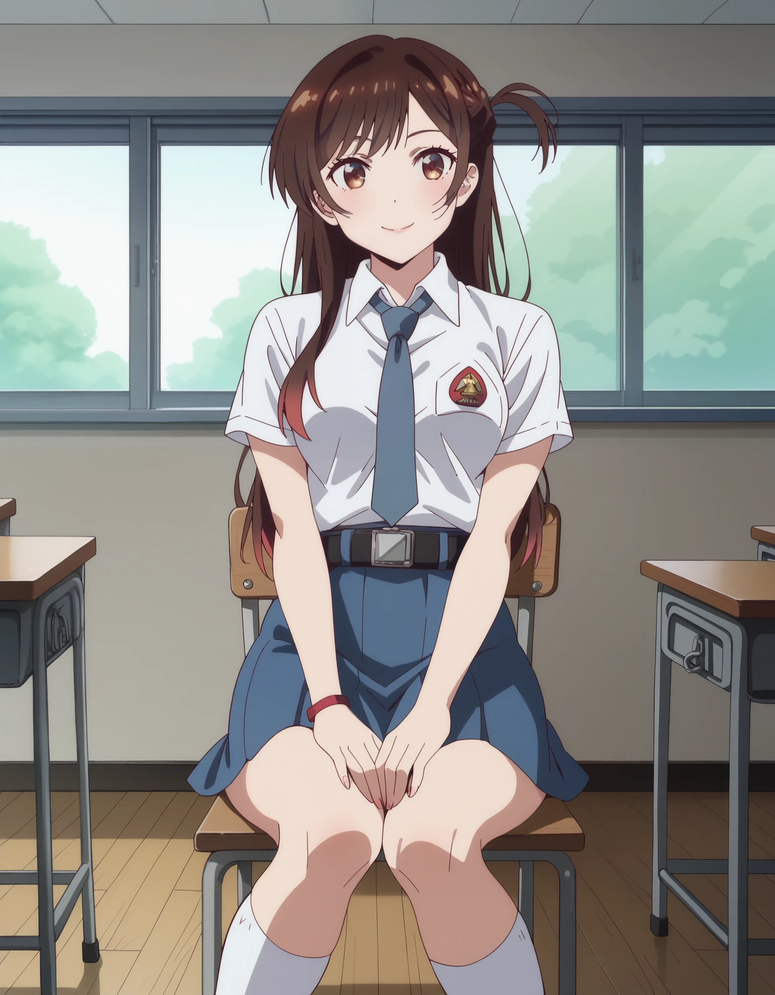 score_9, score_8_up, score_7_up, solo,1girl, chizuru ichinose, long hair, bangs, brown hair, brown eyes, one side up,medium breasts, tucked in sma shirt, sma necktie, sma belt, sma skirt, sma shirt, sma skirt, inside classroom, windows, chair, tables thighs, looking at viewer, smile, sunligth, sit on chair, socks, hands between thighs, anime screencrap, dutch shot