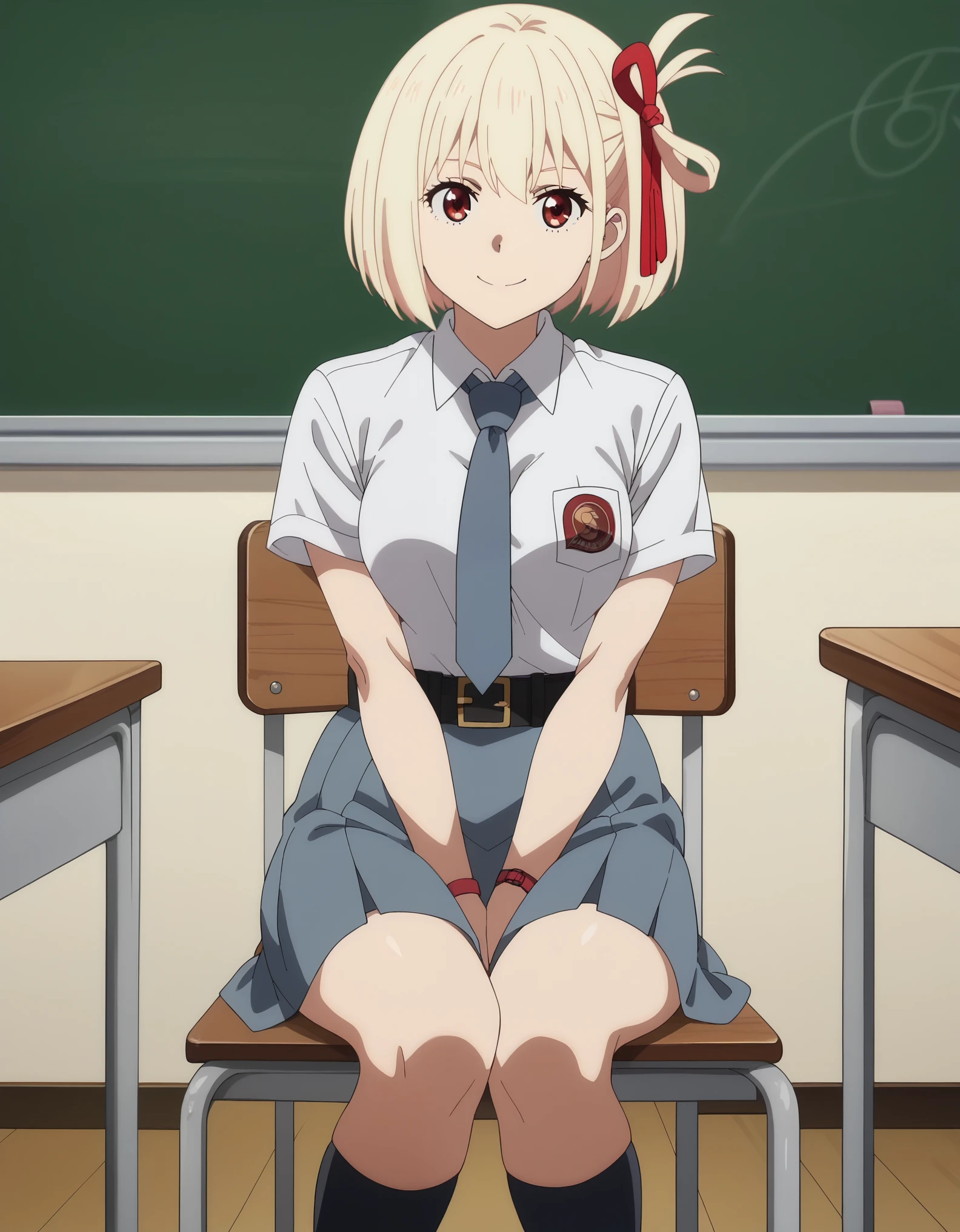 score_9, score_8_up, score_7_up, solo,1girl, chisato nishikigi, short hair, bangs, blonde hair, red eyes, hair ribbon, one side up, bob cut, medium breasts, tucked in sma shirt, sma necktie, sma belt, sma skirt, sma shirt, sma skirt, inside classroom, windows, chair, tables thighs, looking at viewer, smile, sunligth, sit on chair, socks, hands between thighs, anime screencrap, dutch shot