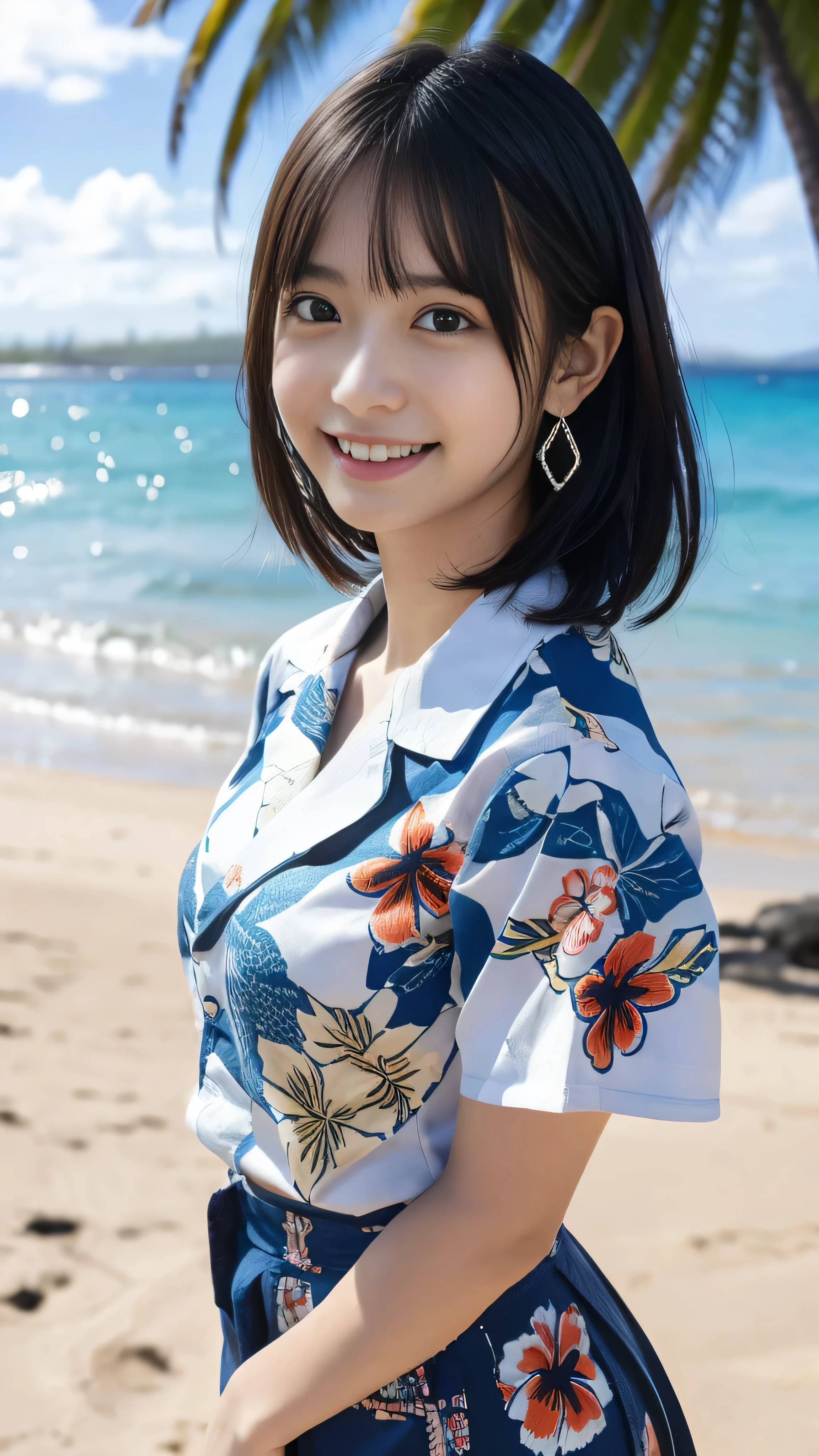 1 girl, Japan person, photorealistic, beautiful and detailed face, viewer, simple background, solo, sea, aloha shirt, small breasts, aloha shirt. sunny, summer vacation, beach, (short hair, wet), smile, movie lighting, movie, Japan drama, (necklace), earrings