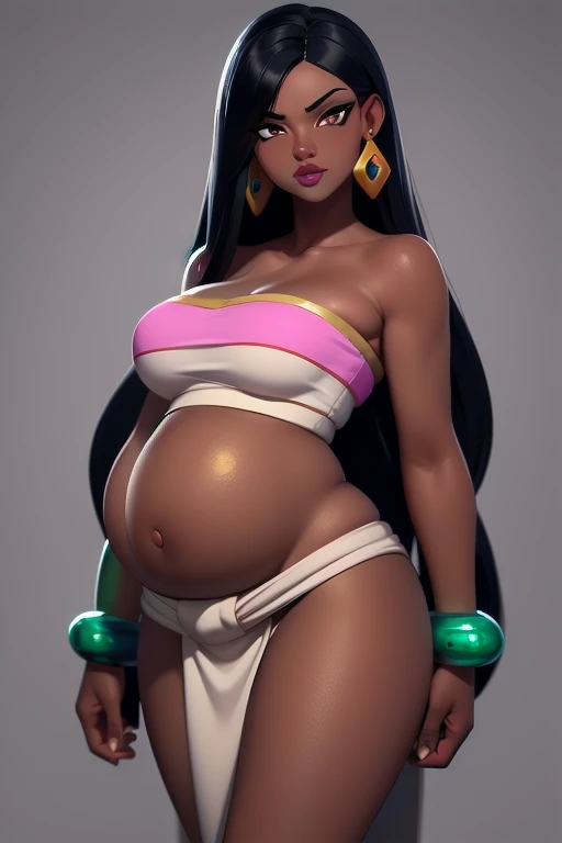 ((ultra quality)), ((masterpiece)), Chel, ((black-haired long hair)), (Beautiful face), (beautiful female lips), (), charming, ((sexy facial expression)), looks at the camera, (dark skin color), (dark skin), glare on the body, ((Detailed eyes)), ((Hazel eyes)), (juicy female lips), (brown lips), (dark eyeliner), (beautiful female hands), ((ideal pregnant female figure)), ideal pregnant female body, beautiful waist, beautiful hips, medium breasts, ((subtle and beautiful)), stands seductively, (Wearing: tube top, loincloth, emerald bracelet's and golden earrings:1.2), background: stone temple, ((depth of field)), ((high quality clear image)), (clear details), ((high detail)), realistically, professional photo session, ((Clear Focus))
