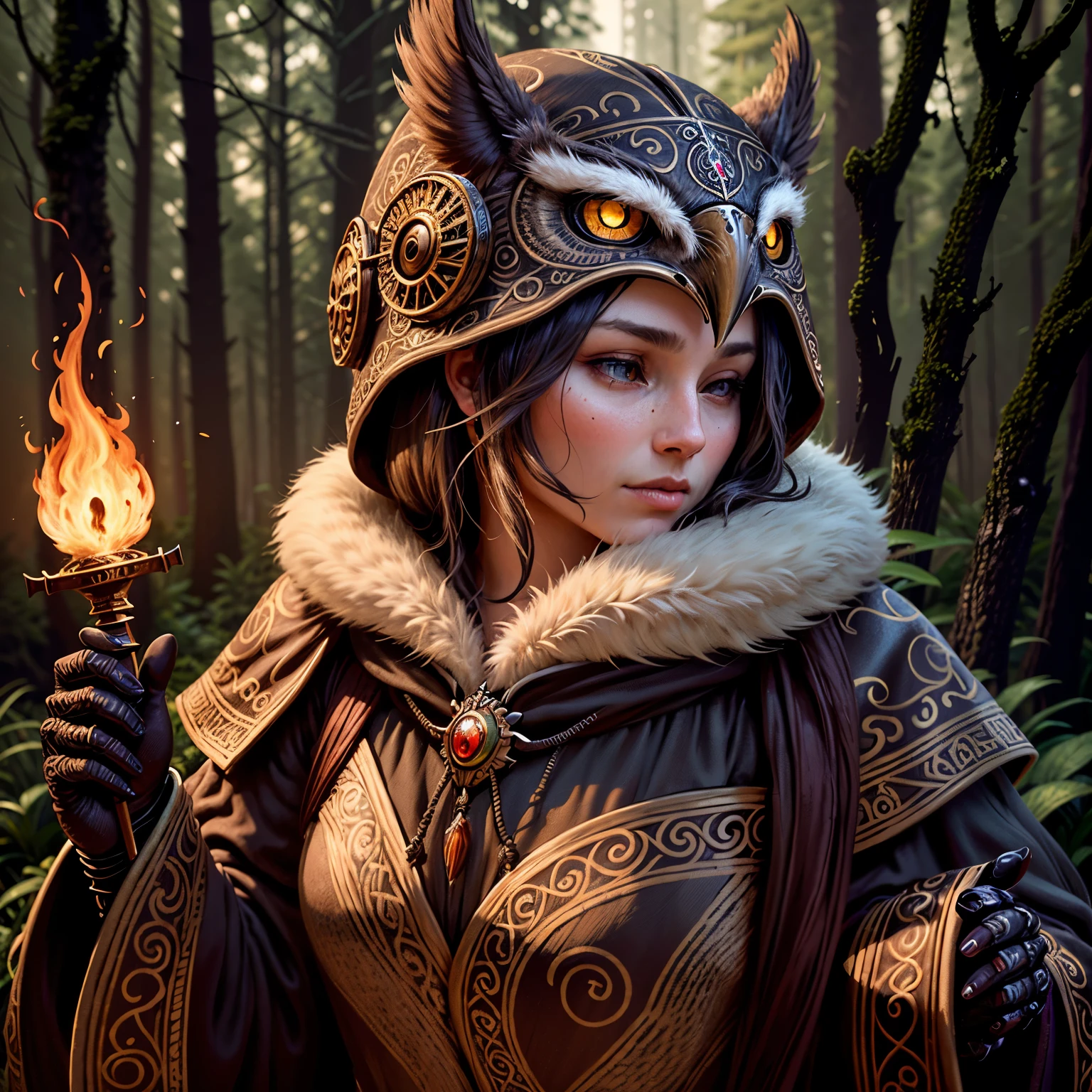 a female druid hiding her eyes in a hood made of an owl head, detailed face, long hair, serene expression, forest background, ornate staff, magical glowing aura, (best quality,4k,8k,highres,masterpiece:1.2),ultra-detailed,(realistic,photorealistic,photo-realistic:1.37),fantasy,dark fantasy,concept art