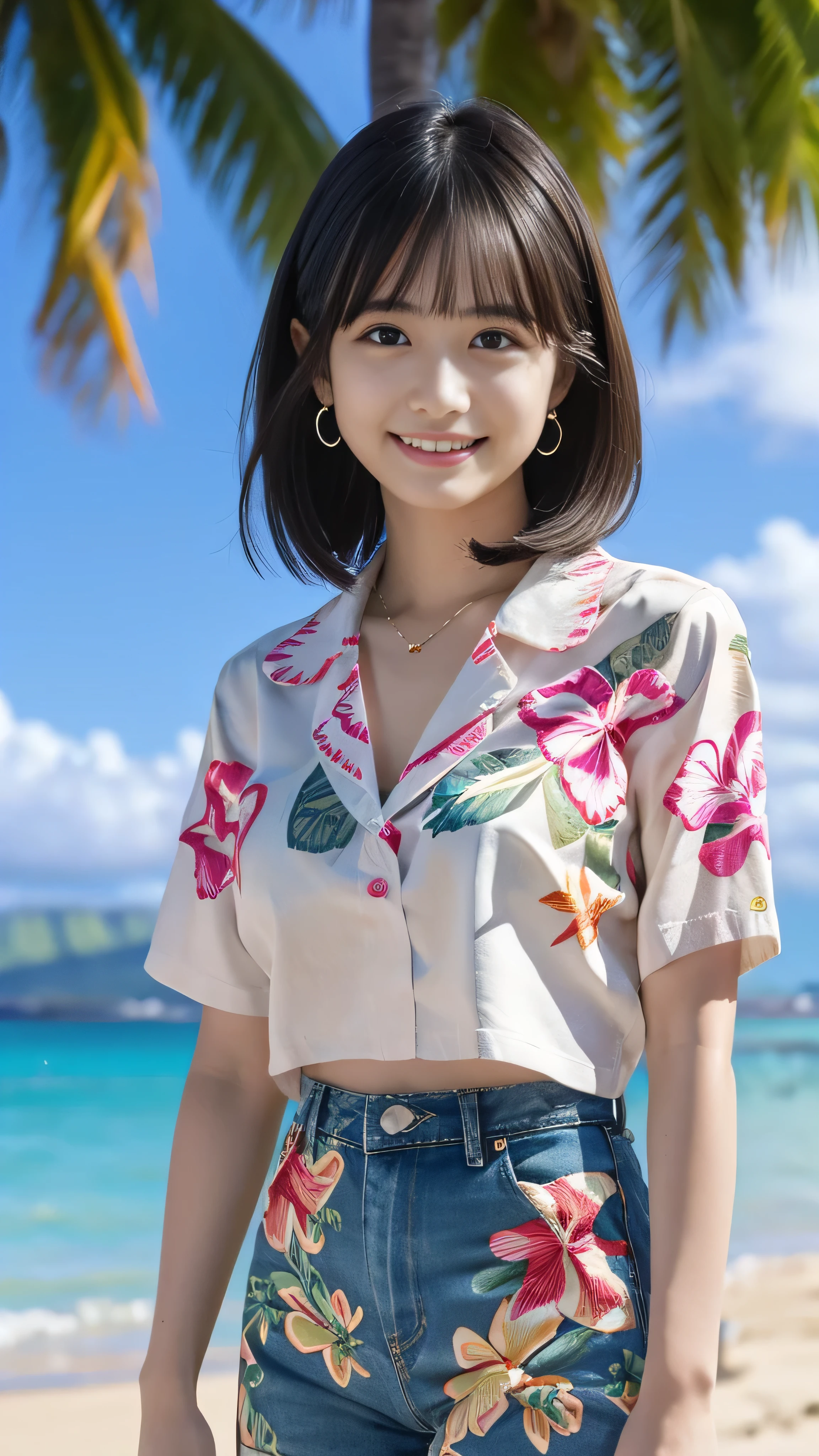 ((masterpiece, Highest quality, High resolution)), Japanese girl、(Realistic: 1.4), A shy smile、Mouth closed、shut up.、Great face,Glossy Lips、, Silver short hair, (Beautiful Hair:1.5), (1 girl), Pretty face, (Realistic Face), Realistic eyes, Fine grain, (Realistic Skin), Beautiful Skin, (Breast Top), Absurd, Charm, Ultra-high definition resolution, Ultra-Realistic Golden Ratio, Very detailed, Upper Body, Japanese Idols,(Colorful Hawaiian Aloha Shirts:1.3),break,(Heart Necklace),(Triangle Earrings),break, Simple denim shorts, (Gentle smile like a goddess),(Standing on the white sand of Waikiki Beach with Diamond Head in the background:1.2),Standing position, The hem of her aloha shirt flutters in the wind. Biologically correct,