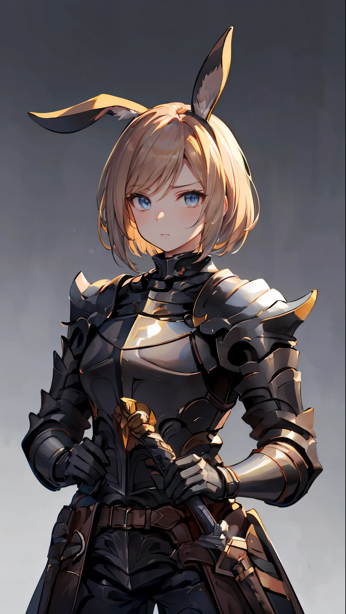 (masterpiece), high details, high quality, (best quality), (super detail), perfect detailed eyes, perfect detailed face, (white hair), medium hair, sidelocks, rabbit ears, Baroque, cinematic lighting, reflection light, Knight, Knight Commander, Armor, Steel Breastplate, Shoulder rest, carrying a sword, Fortress