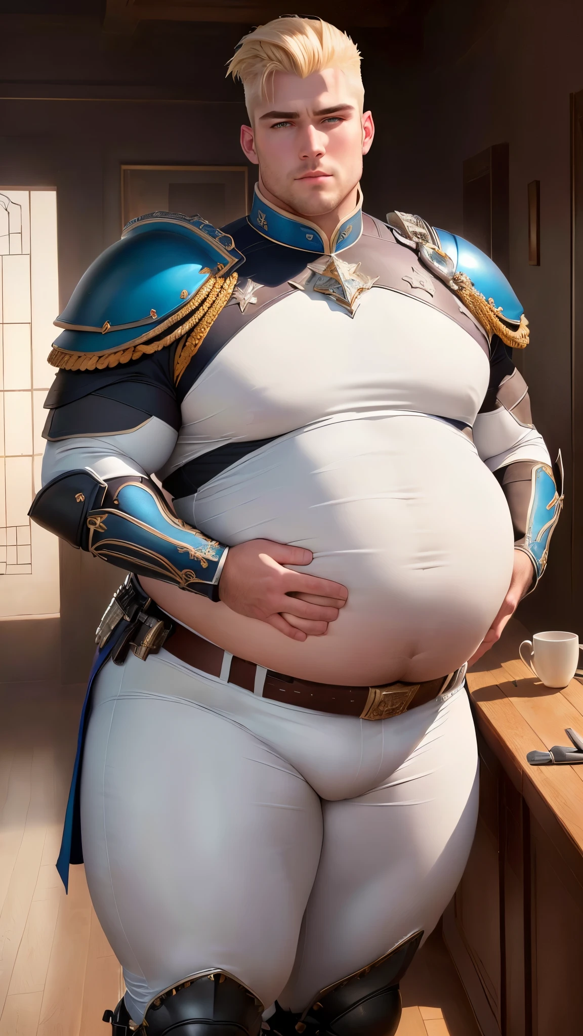 (((The captain is bearded, fat, aged 50 years old, plump, chubby, extremely thick thighs, large belly, he wears the clothes of a navy general in gold, gray and white, he wears a white general's hat))), He is doing research on a virtual LED screen , he touches the virtual images with his fingers on the virtual LED screen, In the image we have 2 Astronauts in space uniform piloting a spacecraft, view inside the spacecraft. A humanoid robot is nearby helping.