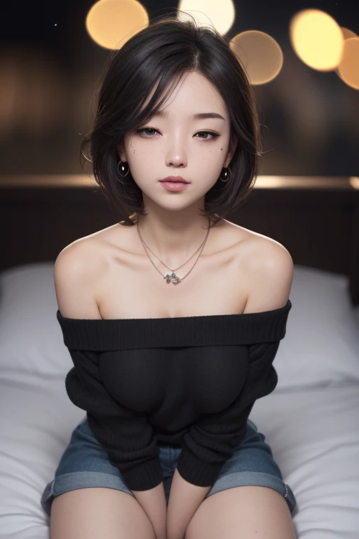 a RAW Photo of girl, (masterpiece:1.1), best quality, ultra high res, high detailed, (photorealistic:1.4), sharp, focus, face detail, (eyebrow piercing:1.1), detailed eyes, detailed face, 1girl, off-shoulder white shirt, black tight skirt, black choker, (faded ash gray hair:1.2), (small :1.1), looking at viewer, cowboy shot, short hair, bob cut