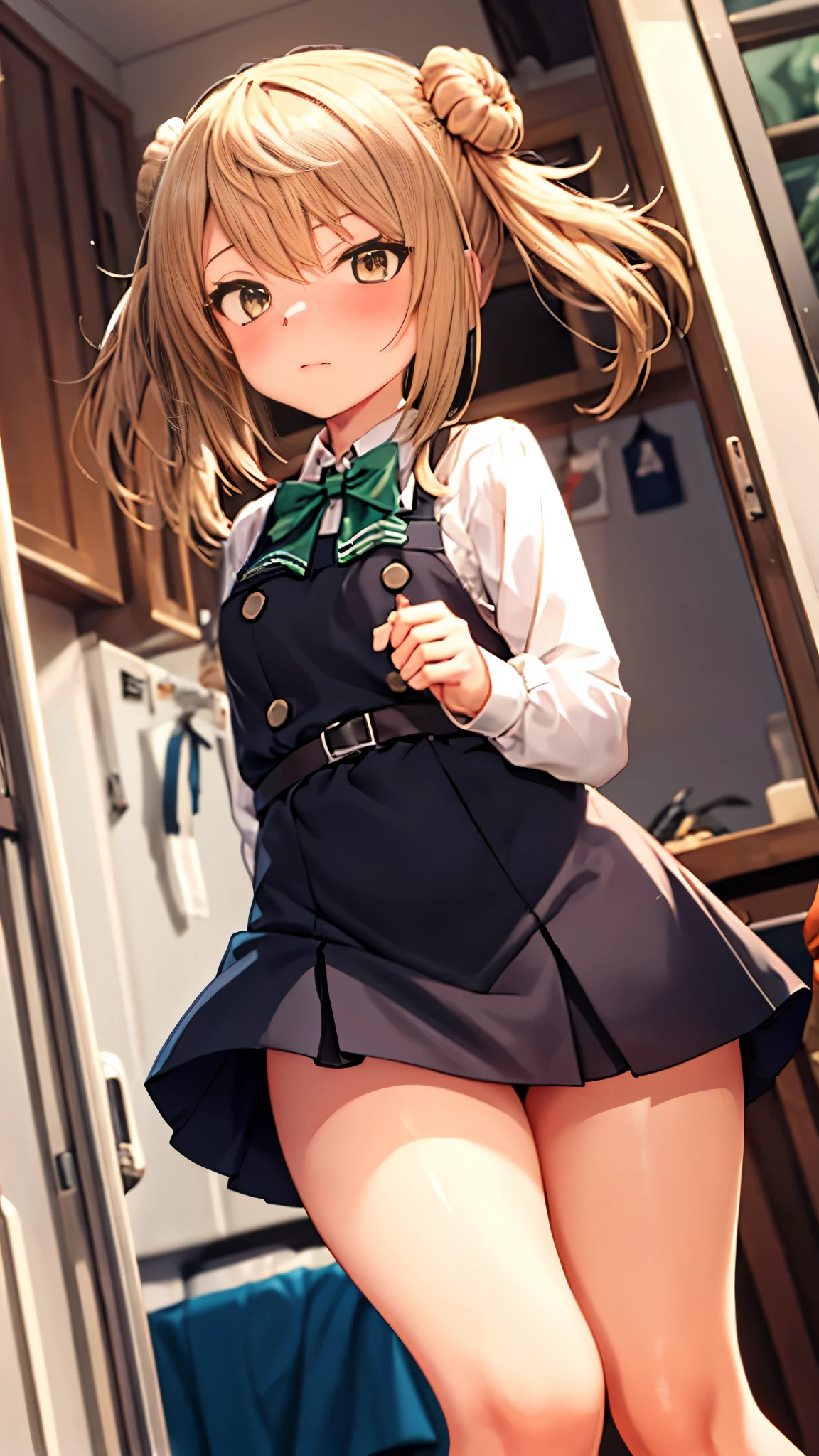 (masterpiece), (Best Quality), (Super detailed) (Very delicate and beautiful)　Kantai Collection_high tide　michishio_kantaicollection　Twin tails, Double bun, Bun Hair, ショートTwin tails, Light Brown Hair, Brown eyes, blush, Yellow Eyes, Green bow tie, Navy blue pinafore dress, White Shirt, Long sleeve　(Embarrassed look),　Panic look　Being hugged by a man in military uniform　The man has his back turned towards us　high tideは男性の腕の中　Small room