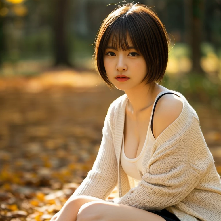 Professional photo-realistic images, (on green in sunlight park), (No bra and wearing a loose white pullover) A cute Japanese woman with fluffy short hair 20 years old, she is crouching, leaning forward, and placing her hands on her knees. the pullover collar is dangle down from chest, her breasts and nipples are glimpse from the gap, She looks at me and blushes with a shy smile.　Composition from directly above, nsfw,