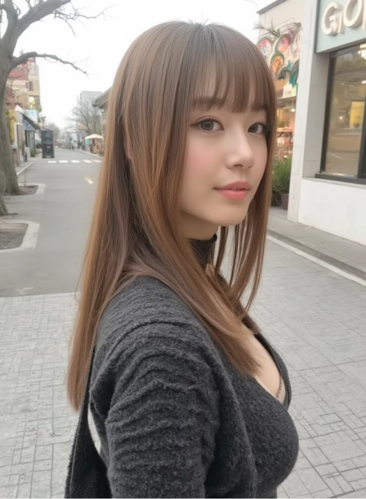 （High resolution), (8k), (Very detailed), (beautiful detailed eyes), (Highest quality), (masterpiece), thin waist, (anatomically correct)),(Curvaceous physique),(Beautiful, shining, fair skin:1.3）,(photo-realistic:1.2),((A beautiful woman stops at a shopping street)),（(Beautiful young woman with hime cut:1.6)), (Beautiful breast shape),((Beautifully trimmed Hime-cut:1.5)),Accurate anatomy Ultra-Realistic、Realistic、photograph、Healthy sexuality, ((Anatomically correct fingers)),((Wearing a floral sweater:1.2))、((Knitted sweater)), (A plump, bursting body)、Accurate anatomy、(K-POPアイドル風のルックス:1.5),A smile full of kindness、Long eyelashes、Heavy makeup around the eyes、 