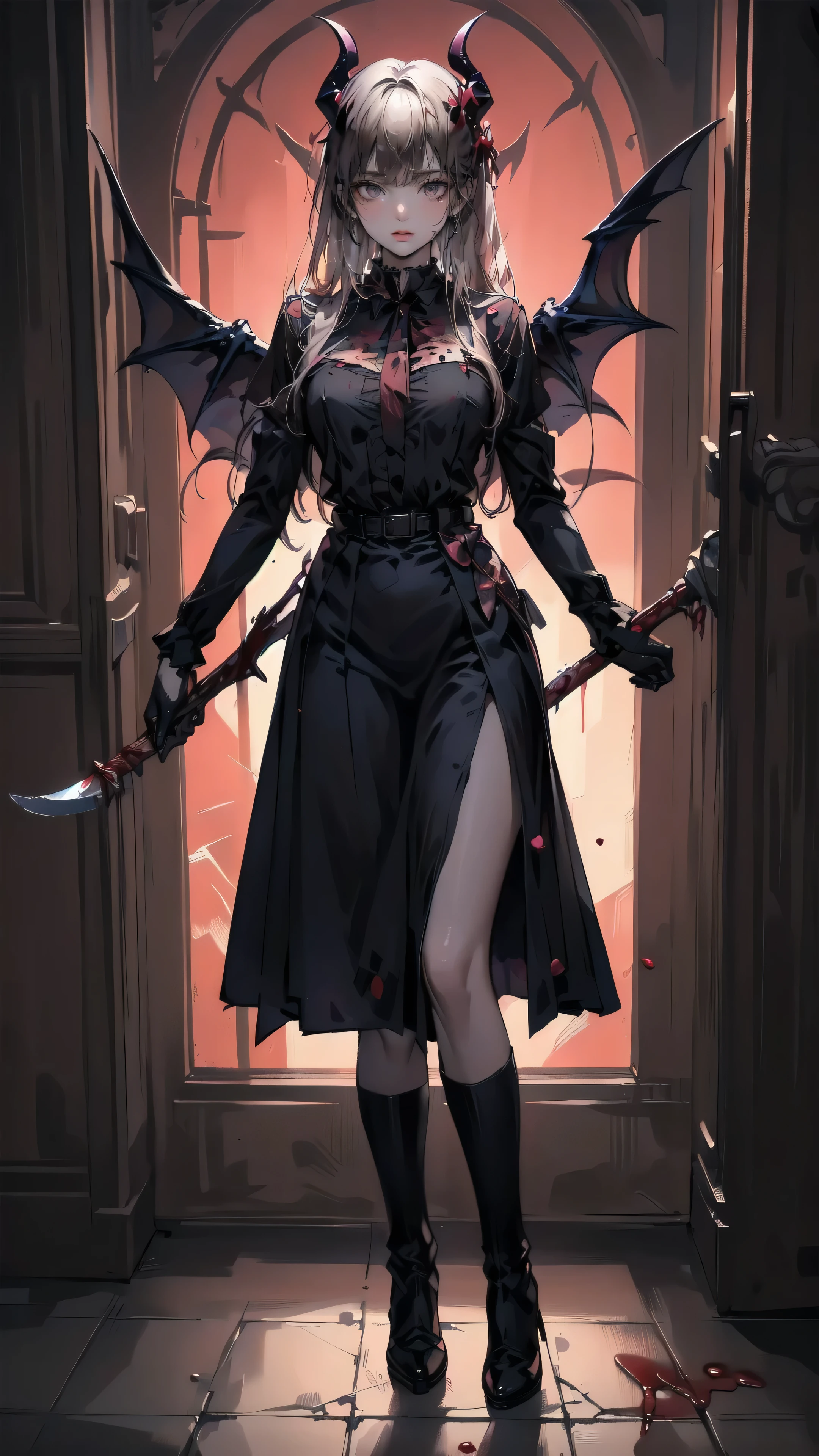 , Perfect Eyes, Soft Light, high quality, 4K resolution, Masterpiece: Finely textured skin, Attention to detail, 最high quality, Awards, Very detailed, high quality, devil's queen、Goat with horns, Gothic Dress, Living in the depths of hell, Lava flow, Blue long hair, Bright Blue Eyes, Red High Heels, Navy Blue Dress、Shadowed face 、Have a weapon、Staring at the audience with a frightened expression、beautiful girl、Very cute angel、Pink Gothic Fashion、cute、、smile、Long skirt、Black long boots、.(最high quality,4K,High resolution,masterpiece:1.2),Very detailed,Realistic:1.37,Spooky altar background,Dark fantasy,Red color scheme,Ominous atmosphere,Eye-catching,Storytelling,anatomy,Anime Style,Concept Art,beautifulAttention to detail顔と (((Red eyes ))),A terrifying ritual ,devil's ritual,Premature death,Inappropriate behavior,crazy smile,Scythe Face,Girl Monster, beautiful, Delicate facial features, Sharp Eye, Sharp fangs, pale Skin, Dark Background, Cinema Lighting, Dramatic Shadows, Gothic style, Gloomy atmosphere, Dark fantasy, One person'S, Please open your mouth wide, Open your mouth and baring your teeth,Sharp teeth like a beast, Wide lips, Very wide mouth, Red cheeks, ,(Blood splatter:1.4),Scary smile, smile,Angel Design, TwiSted smile、Bloody、Head bleeding,,,,,、Blood splatter、,(Blood splatter:1.4),skull,devil's gun,Horror Style, ((Fantasy Sweet Ta Frill Pink Costume)), ((Flowing blonde hair)), ,(Blood splatter:1.4),Female Curves, Sexy flat stomach, Perfect hands, Perfect anime character face, (Pink Tata Dress)), Standing, ((Evil smile)), ,(Blood splatter:1.4), Steam circulation, Moonlight Illumination, night lighting, (Blood splatter:1.6),Anime Angel Design, TwiSted smile、Bloody、Head bleeding,,,,,、Blood splatter、,(Blood splatter:1.4), skull,Gothic architecture、Western architecture、fantasy world、,Victorian city, Skeleton Gas Light,Absurd, High resolution、 ((Tabletop)), ((最high quality)), (Very detailedな), ((Very detailed)), (beautiful), ((cute)), (NFSW:1.8)