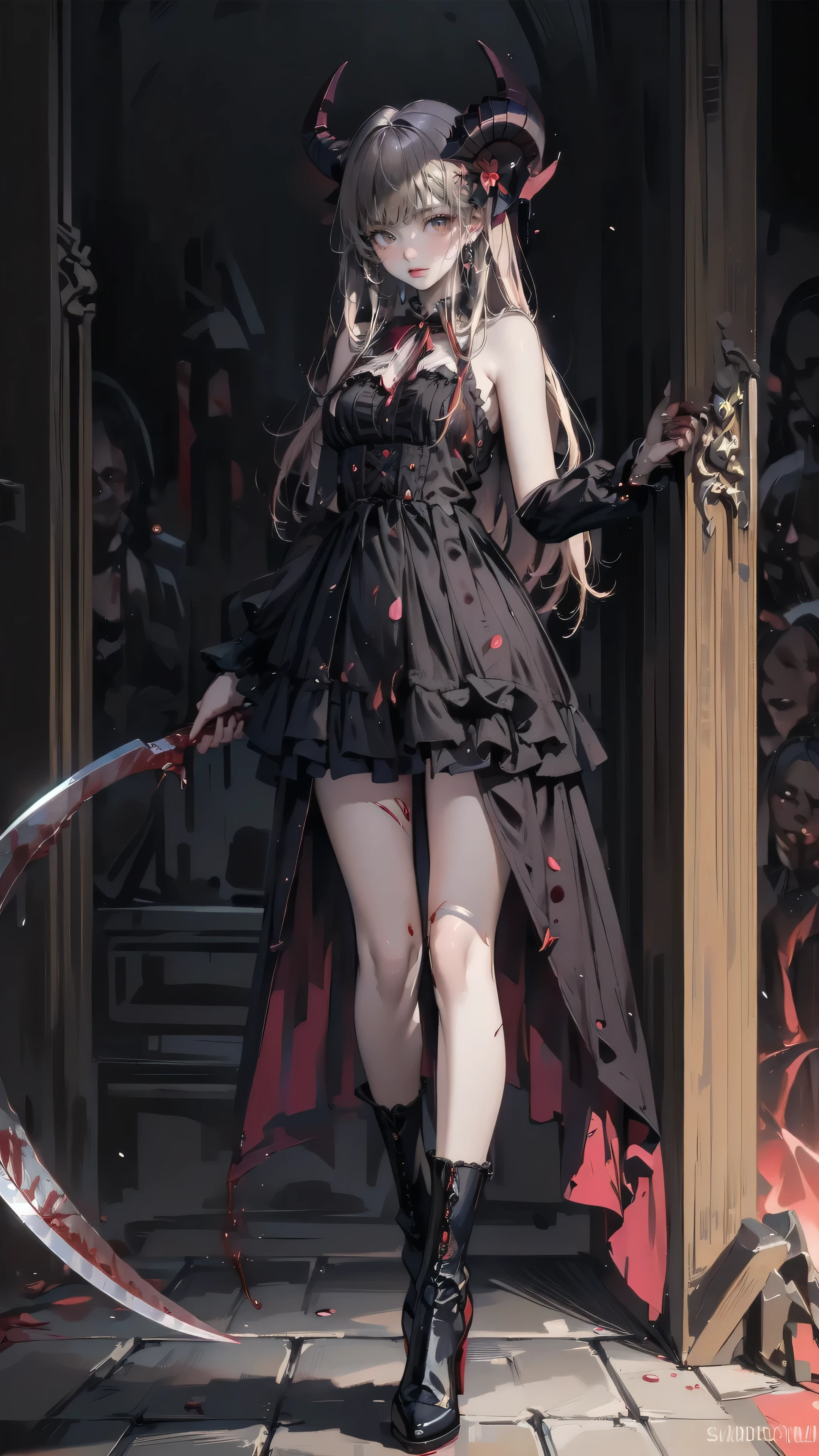 , Perfect Eyes, Soft Light, high quality, 4K resolution, Masterpiece: Finely textured skin, Attention to detail, 最high quality, Awards, Very detailed, high quality, devil's queen、Goat with horns, Gothic Dress, Living in the depths of hell, Lava flow, Blue long hair, Bright Blue Eyes, Red High Heels, Navy Blue Dress、Shadowed face　、Have a weapon、Staring at the audience with a frightened expression、beautiful girl、Very cute angel、Pink Gothic Fashion、cute、、smile、Long skirt、Black long boots、.(最high quality,4K,High resolution,masterpiece:1.2),Very detailed,Realistic:1.37,Spooky altar background,Dark fantasy,Red color scheme,Ominous atmosphere,Eye-catching,Storytelling,anatomy,Anime Style,Concept Art,beautifulAttention to detail顔と (((Red eyes ))),A terrifying ritual ,devil's ritual,Premature death,Inappropriate behavior,crazy smile,Scythe Face,Girl Monster, beautiful, Delicate facial features, Sharp Eye, Sharp fangs, pale Skin, Dark Background, Cinema Lighting, Dramatic Shadows, Gothic style, Gloomy atmosphere, Dark fantasy, One person&#39;S, Please open your mouth wide, Open your mouth and baring your teeth,Sharp teeth like a beast, Wide lips, Very wide mouth, Red cheeks, ,(Blood splatter:1.4),Scary smile, smile,Angel Design, TwiSted smile、Bloody、Head bleeding,,,,,、Blood splatter、,(Blood splatter:1.4),skull,devil&#39;s gun,Horror Style, ((Fantasy Sweet Ta Frill Pink Costume)), ((Flowing blonde hair)), ,(Blood splatter:1.4),Female Curves, Sexy flat stomach, Perfect hands, Perfect anime character face, (Pink Tata Dress)), Standing, ((Evil smile)), ,(Blood splatter:1.4), Steam circulation, Moonlight Illumination, night lighting, (Blood splatter:1.6),Anime Angel Design, TwiSted smile、Bloody、Head bleeding,,,,,、Blood splatter、,(Blood splatter:1.4), skull,Gothic architecture、Western architecture、fantasy world、,Victorian city, Skeleton Gas Light,Absurd, High resolution、 ((Tabletop)), ((最high quality)), (Very detailedな), ((Very detailed)), (beautiful), ((cute)), (NFSW:1.8)