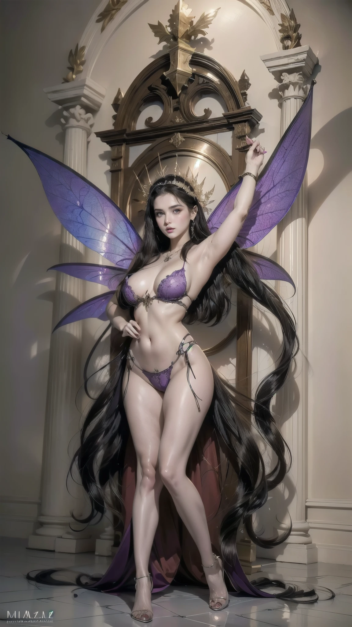 um desenho em preto e branco de uma faerie sentada em uma pedra, Linda faerie adulta, line art coloring page, fantasy coloring page, faerie magnífica, mulher faerie morena, faerie, beautiful adult rainha das faeries, linda faerie do livro adulto, mulher faerie morena stretching, coloring page, elfa morena com asas de faerie, coloring pages, retrato de faerie, rainha das faeries, faerie da floresta, detailed and intricate illustration, 
(Chapped lips:1.4), (blush de nariz:1.2), foreshortening, black cuts, (eye contact), High contrast, ultra high resolution, high resolution, detailed, Clean face,  (sensual face:1.5), (big purple eyes:1.2), (ultra detailed eyes:1.4), (High resolution eyes:1.1), (ultra detailed skin texture:1.4), PERSEPHONE, Persephone, Persephone, (SFW:1.5)
, body realistic proportions 