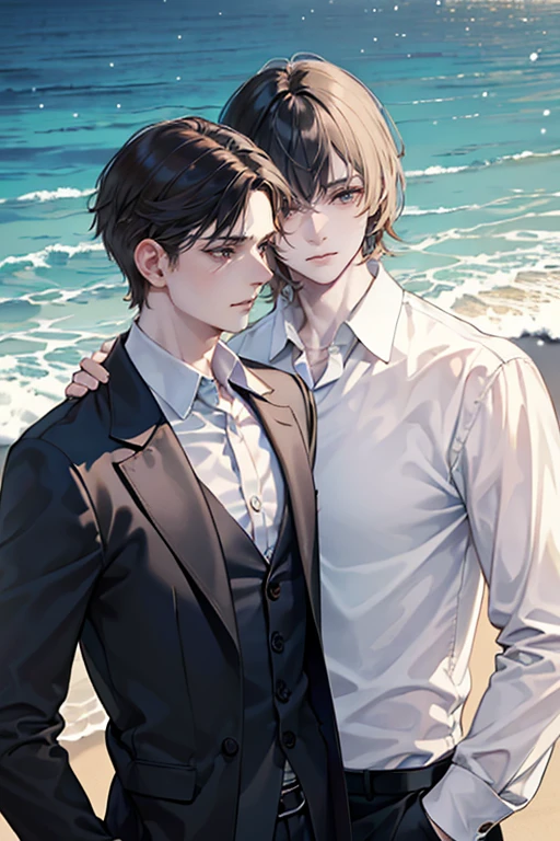 (absurdres, highres, ultra detailed, HDR) master piece, best quality, perfect face, delicated features, black straight hair, with bangs, Kim Dokja x Yoo Joonghyuk, short hair, expressive brown eyes, Omniscient reader's viewpoint, two men together, handsome, gay couple, yaoi, pirate clothes, pirates, black hat, sea, beach