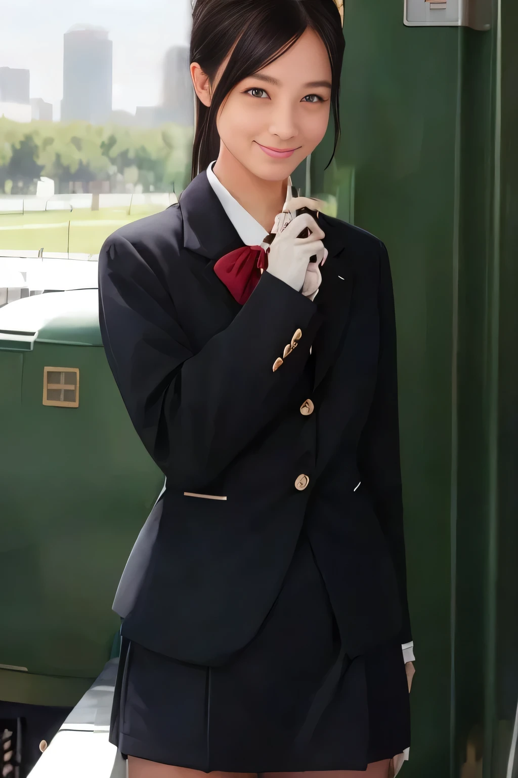 (masterpiece:1.2, Best Quality:1.2), 32K HDR, High resolution, (Alone、1 girl)、（Rooftop of a building during the day、Professional Lighting）、Building rooftop background、（JR woman train crew Uniform blackを着たリアルスタイル）、（（JR female train attendant uniform black white blouse short sleeve 、Black knee-length wrap culottes、Black jacket、scarf））、dark brown hair、（Long Hair、Hair tied up、Hair tied up）、dark brown hair、Long Shot、Big Breasts、Thin legs、（（Great hands：2.0）），（（Harmonious body proportions：1.5）），（（Normal limbs：2.0）），（（Normal finger：2.0）），（（Normal eyes：2.0））)、smile、（JR female flight attendant uniform black knee-length wrap culottes skirt beautiful posture）、Hands down