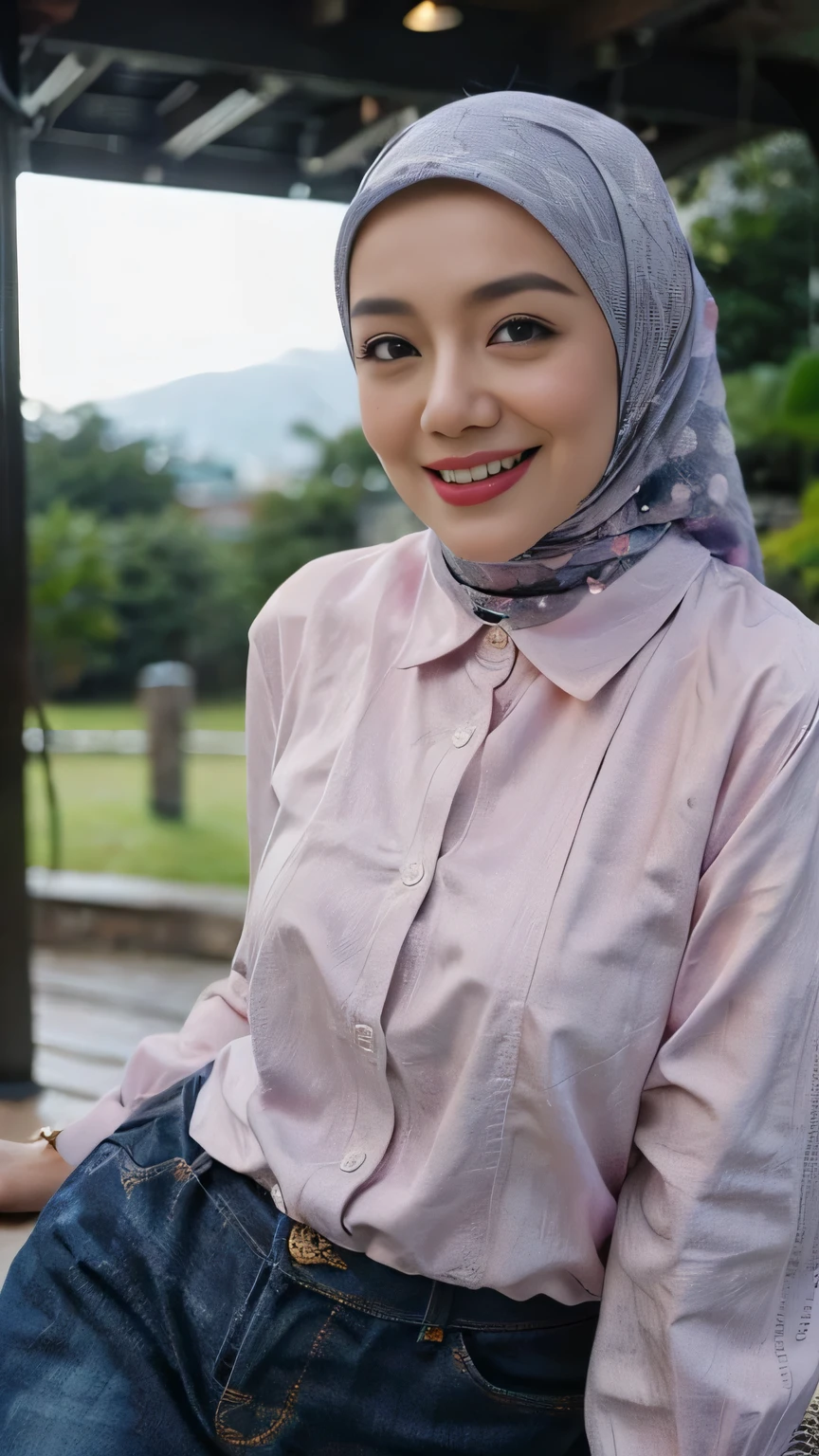 Malay girl wearing undersize lilac satin bra (polkadot pattern), tight jeans, opened shirt button, portrait photography, mid shot photo, ultra detail, professional photograph with professional lighting, smile, at the garden, outdoor background, curly hair, sexy seducing pose, curvy body, butt closed up angle