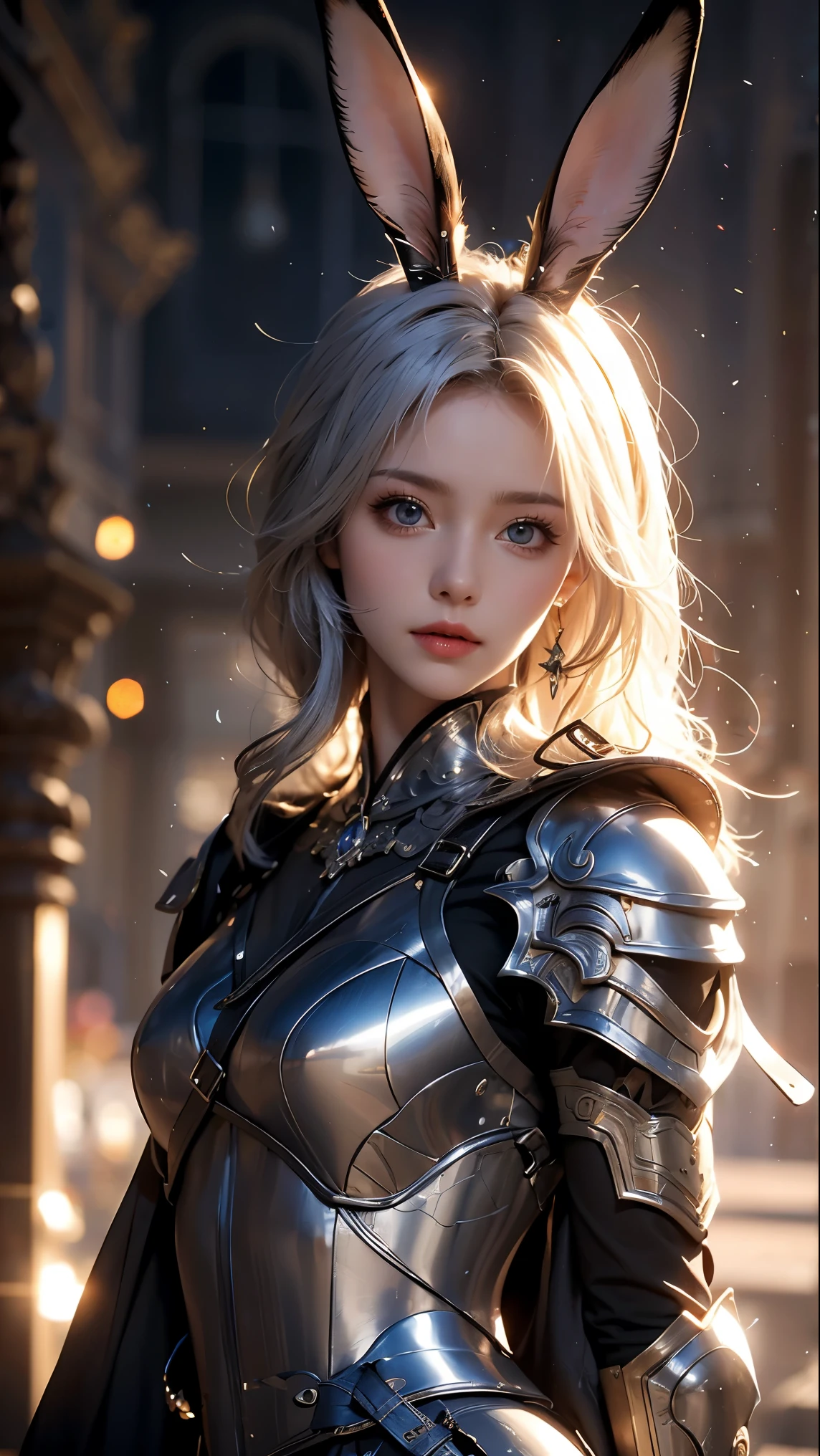 (masterpiece), high details, high quality, (best quality), (super detail), perfect detailed eyes, perfect detailed face, (white hair), hair over shoulder, sidelocks, rabbit ears, Baroque, cinematic lighting, reflection light, Knight, Knight Commander, Armor, Steel Breastplate, Shoulder rest, carrying a sword, Fortress