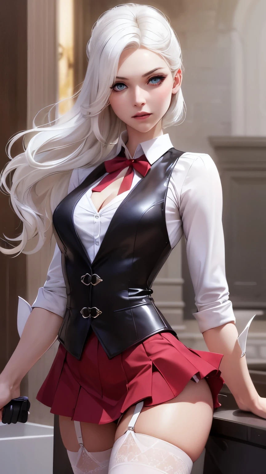 High resolution, 1 woman, photorealistic, glowing skin, perfect face, white hair, blue eyes, cute mouth, unbuttoned white shirt, blushing, medium bust, muscular limbs, black pantyhose, red tight skirt, garter belt, leaning forward, embarrassed, surprised expression