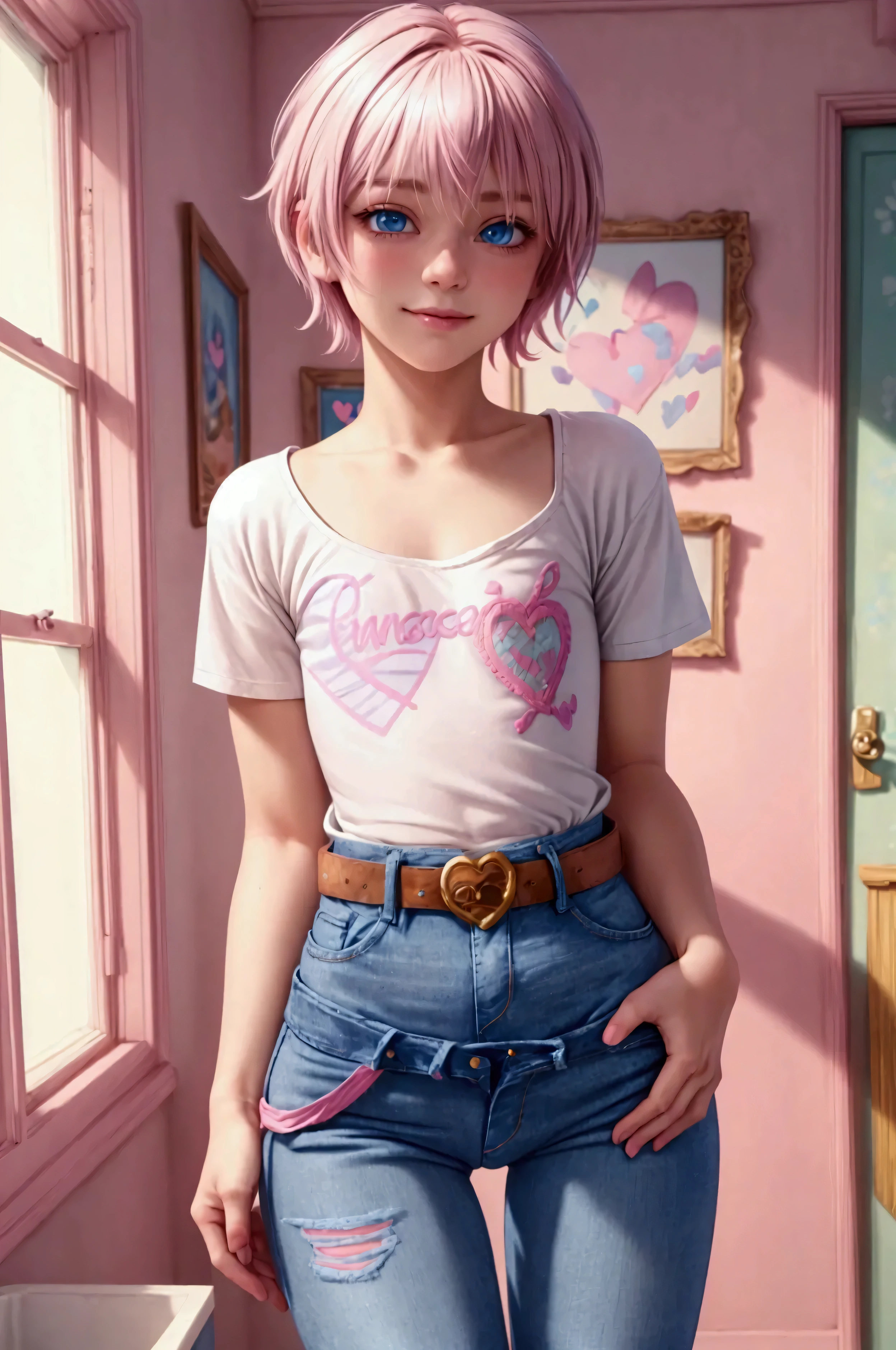 (masterpiece, best quality, highres:1.2), (Pixar CGI Style), (colorful), young cute girl, very big eyes, bobbed hair, flirting, half smile, Pixar-style, Character Design, CGI, 8k