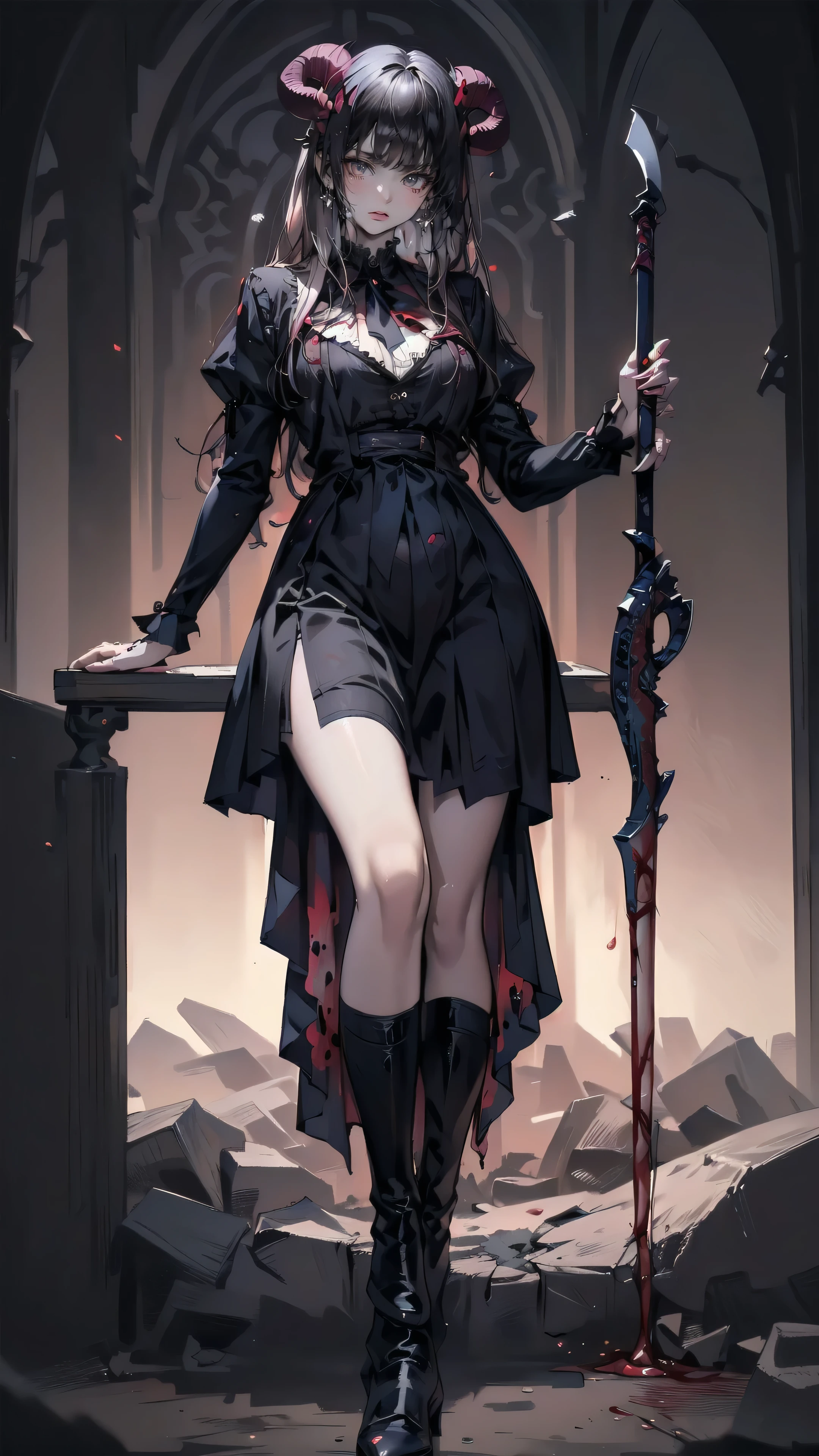 , Perfect Eyes, Soft Light, high quality, 4K resolution, Masterpiece: Finely textured skin, Attention to detail, 最high quality, Awards, Very detailed, high quality, devil's queen、Goat with horns, Gothic Dress, Living in the depths of hell, Lava flow, Blue long hair, Bright Blue Eyes, Red High Heels, Navy Blue Dress、Shadowed face 、Have a weapon、Staring at the audience with a frightened expression、beautiful girl、Very cute angel、Pink Gothic Fashion、cute、、smile、Long skirt、Black long boots、.(最high quality,4K,High resolution,masterpiece:1.2),Very detailed,Realistic:1.37,Spooky altar background,Dark fantasy,Red color scheme,Ominous atmosphere,Eye-catching,Storytelling,anatomy,Anime Style,Concept Art,beautifulAttention to detail顔と (((Red eyes ))),A terrifying ritual ,devil's ritual,Premature death,Inappropriate behavior,crazy smile,Scythe Face,Girl Monster, beautiful, Delicate facial features, Sharp Eye, Sharp fangs, pale Skin, Dark Background, Cinema Lighting, Dramatic Shadows, Gothic style, Gloomy atmosphere, Dark fantasy, One person'S, Please open your mouth wide, Open your mouth and baring your teeth,Sharp teeth like a beast, Wide lips, Very wide mouth, Red cheeks, ,(Blood splatter:1.4),Scary smile, smile,Angel Design, TwiSted smile、Bloody、Head bleeding,,,,,、Blood splatter、,(Blood splatter:1.4),skull,devil's gun,Horror Style, ((Fantasy Sweet Ta Frill Pink Costume)), ((Flowing blonde hair)), ,(Blood splatter:1.4),Female Curves, Sexy flat stomach, Perfect hands, Perfect anime character face, (Pink Tata Dress)), Standing, ((Evil smile)), ,(Blood splatter:1.4), Steam circulation, Moonlight Illumination, night lighting, (Blood splatter:1.6),Anime Angel Design, TwiSted smile、Bloody、Head bleeding,,,,,、Blood splatter、,(Blood splatter:1.4), skull,Gothic architecture、Western architecture、fantasy world、,Victorian city, Skeleton Gas Light,Absurd, High resolution、 ((Tabletop)), ((最high quality)), (Very detailedな), ((Very detailed)), (beautiful), ((cute)), (NFSW:1.8)