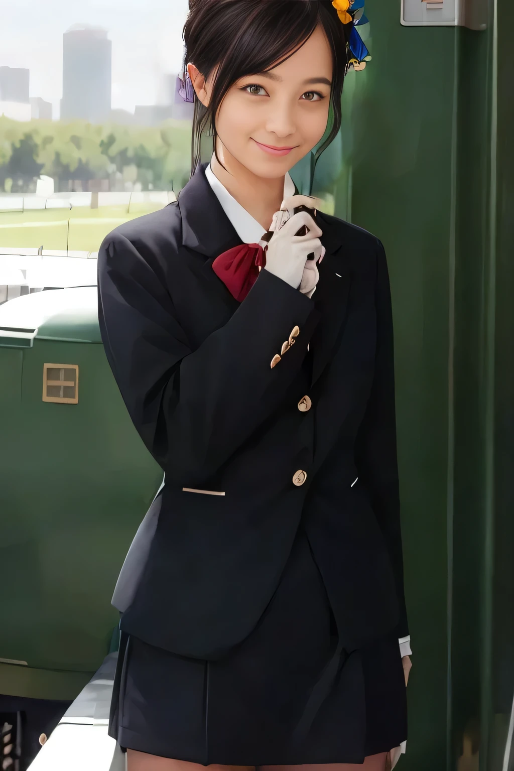 (masterpiece:1.2, Best Quality:1.2), 32K HDR, High resolution, (Alone、1 girl)、（Rooftop of a building during the day、Professional Lighting）、Building rooftop background、（JR woman train crew Uniform blackを着たリアルスタイル）、（（JR female train attendant uniform black white blouse short sleeve 、Black knee-length wrap culottes、Black jacket、scarf））、dark brown hair、（Long Hair、Hair tied up、Hair tied up）、dark brown hair、Long Shot、Big Breasts、Thin legs、（（Great hands：2.0）），（（Harmonious body proportions：1.5）），（（Normal limbs：2.0）），（（Normal finger：2.0）），（（Normal eyes：2.0））)、smile、（JR female flight attendant uniform black knee-length wrap culottes skirt beautiful posture）、Hands down