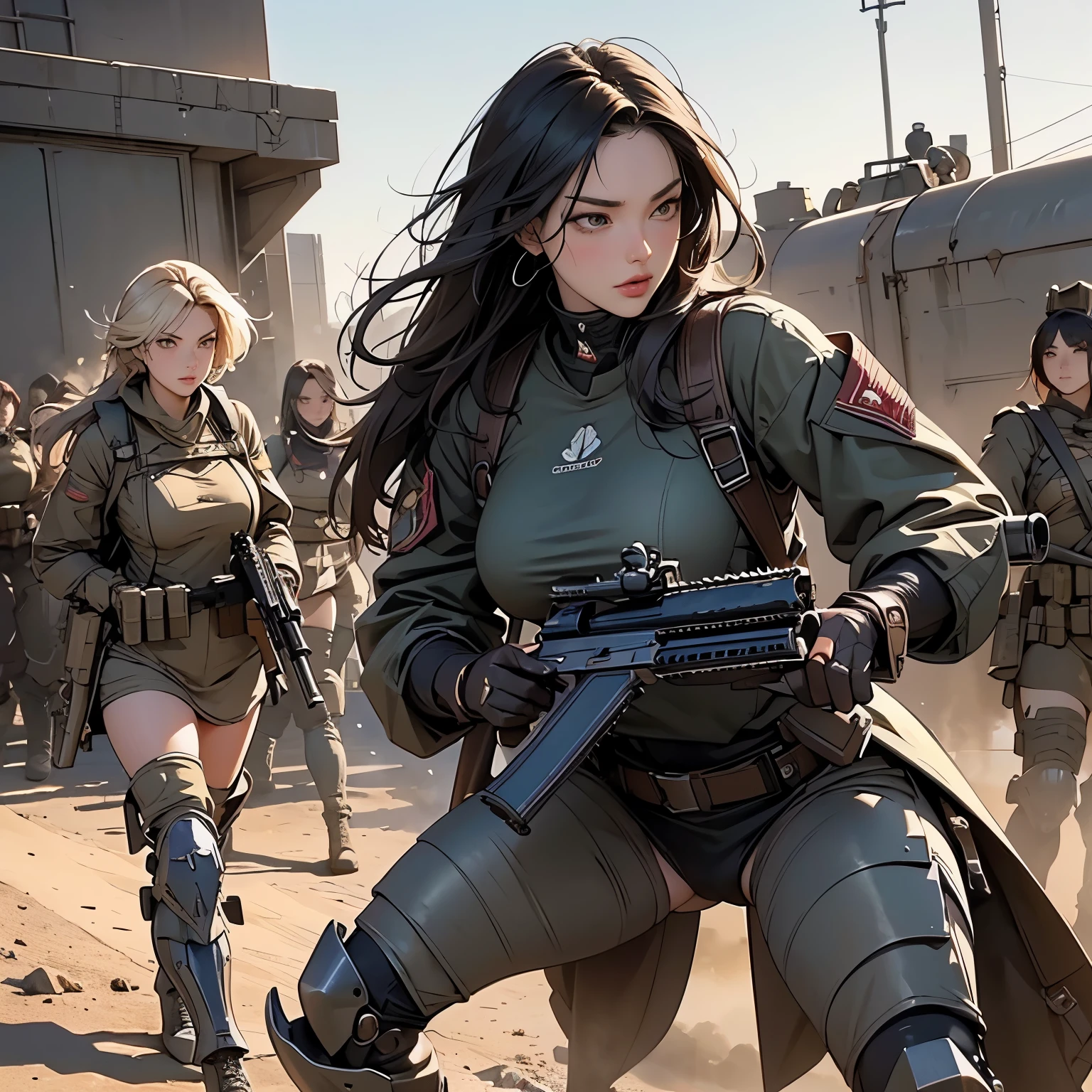 3 beautiful ladies in really sexy sheer outfit, 1 girl armed with a sword, 1 girl armed with a rifle and sitting down, 1 girl armed with a bazooka kneeling down, backdrop is an alley, dark lighting, focus lighting on each girl, hyper-detailed, hyperrealistic, masterpiece, focus 1.4