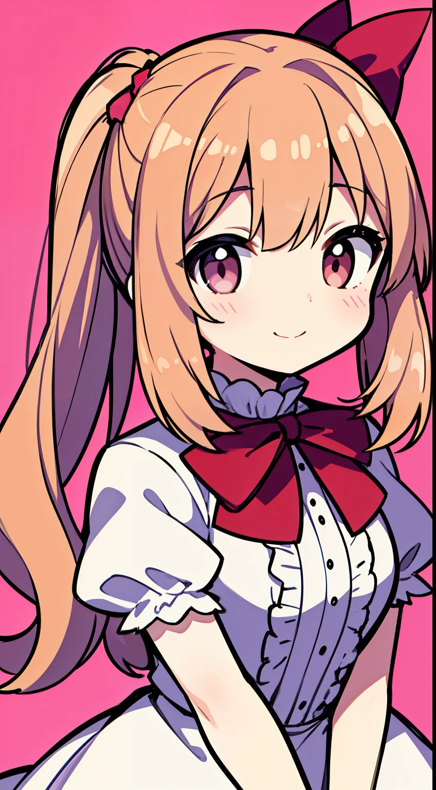 (highest quality、masterpiece:1.2), 1girl,Alone,thighs,sitting,dress,brown_hair,short_sleeves,sensitive,white_dress,brown_eyes,looking_at_viewer,puffy_short_sleeves,puffy_sleeves,bow,bangs,frills,long_hair,closed_mouth,frilled_dress,hair_good,pink_bow,blush,smile,side_ponytail, upper body, beautiful and well-shaped face、(pink background:1.1), simple background, smiling, White border around the character、diagonal、Upper body only