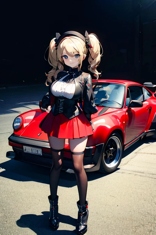 Highest quality,(perfect Porsche 911 Turbo 1.3),(A girl standing in front of a red Porsche 911 Turbo),City of night,one cute girl,Large Breasts,Blonde twin tails,blue eyes,Black Gothic Costume,mini skirt,Gothic Bonnet,Shy smile。