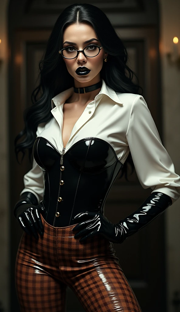 8k, realistic, 1girl, extremely strong, curvy body, thicc, small waist, tanned skin tone, well detailed skin, skin texture, ((green eyes)), (super long jet-black hair), a lot of sweat, ((black leather long-sleeved formal shirt, buttoned up, ((black leather pleated skirt)), boots, dynamic pose, in a large club bar, bar club image, serious expression, image as the basis of a survival character, environmental detail, firm round breasts, deep cleavage,