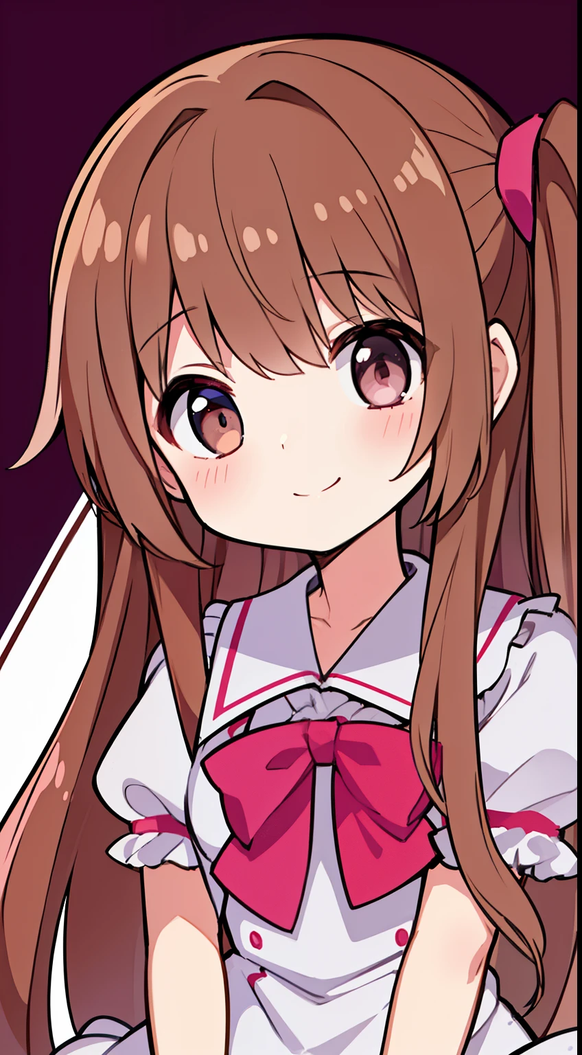 (highest quality、masterpiece:1.2), 1girl,Alone,thighs,sitting,dress,brown_hair,short_sleeves,sensitive,white_dress,brown_eyes,looking_at_viewer,puffy_short_sleeves,puffy_sleeves,bow,bangs,frills,long_hair,closed_mouth,frilled_dress,hair_good,pink_bow,blush,smile,side_ponytail, upper body, beautiful and well-shaped face、(pink background:1.1), simple background, smiling, White border around the character、diagonal、Upper body only