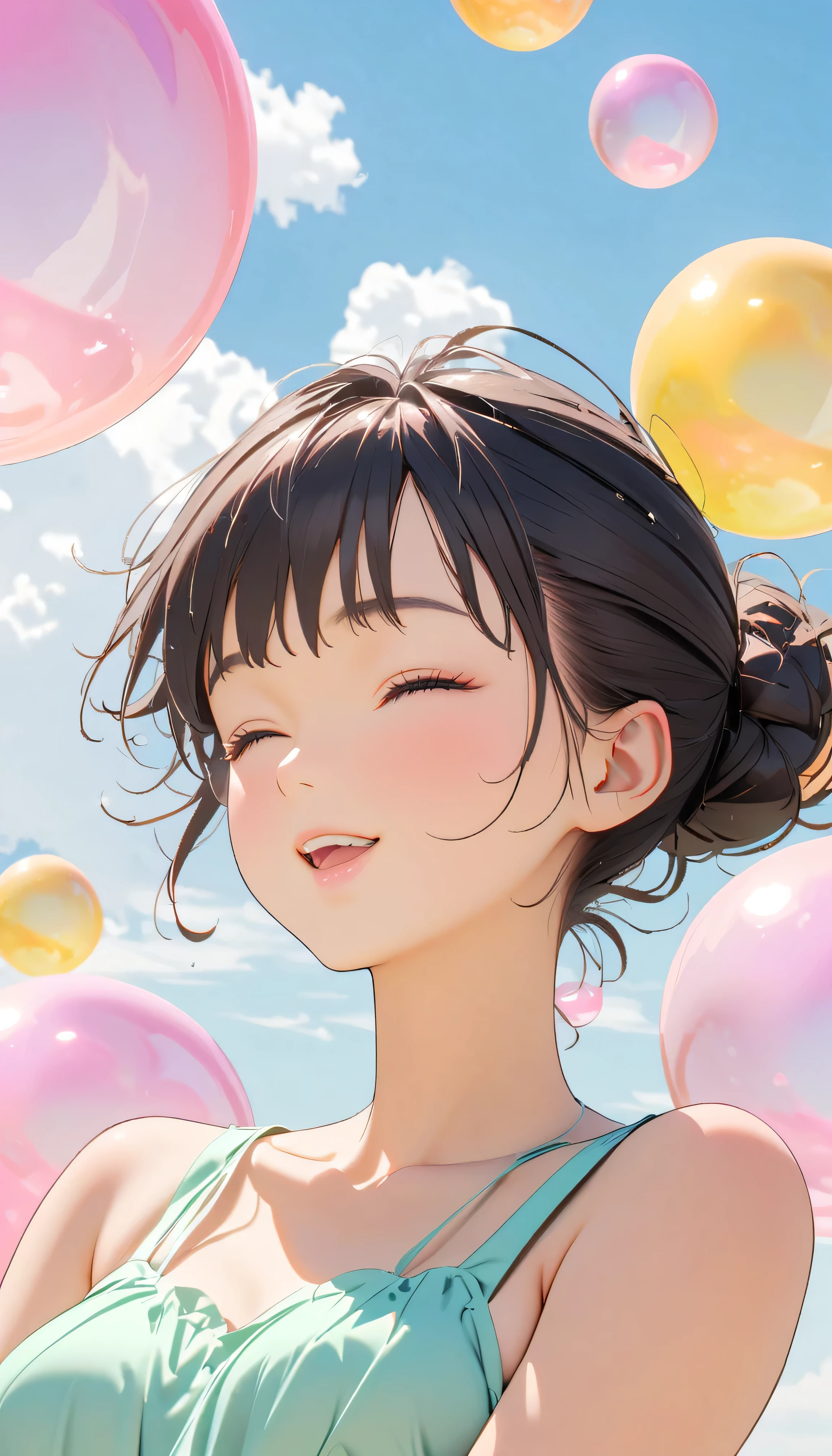 Best Quality, Super Fine, 8k, Incredibly absurd, Very detailed, 2.5D, Beautiful Goddess, Soap bubbles, Pastel colored clouds, Sunshine, Pop Art, Delicate and dynamic, Pastel color fantasy, Black Hair, Official Art