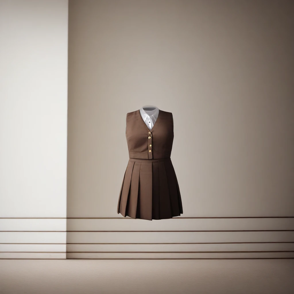 "An empty bus with brown seats, sunlight streaming through the windows. In the middle of the aisle stands a school uniform as if worn by an invisible person. The uniform consists of a white button-up shirt and a gray pleated skirt, with no visible body or head. The bus is stationary, with a subtle, eerie atmosphere created by the empty surroundings and the absence of a person in the uniform."