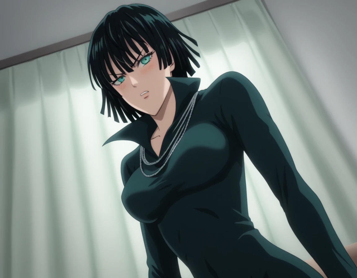 score_9, score_8_up, score_7_up, sauce_anime, ambient light,                                                                                                                                                                             
fubuki, fubuki \(one-punch man\), tall girl, 1 girl ,black hair,  deep green eyes, short hair,,, furrowed brow , grimace, wince, frown, close up face:0.2,                       
nsfw, (show off breast), navel ,, ((undress dress)), black dress , high collar, jewelry, necklace, , taut clothes, taut dress, ,, (in lace panties), thigs,                                                                                                                                                                                                                               indoors,, bed ,realistic bed room, (on side),                                                                                                                                                    
cowboy shot,, looking at viewer, solo, dutch angle, blush,, , clenched teeth, saliva,, large breasts