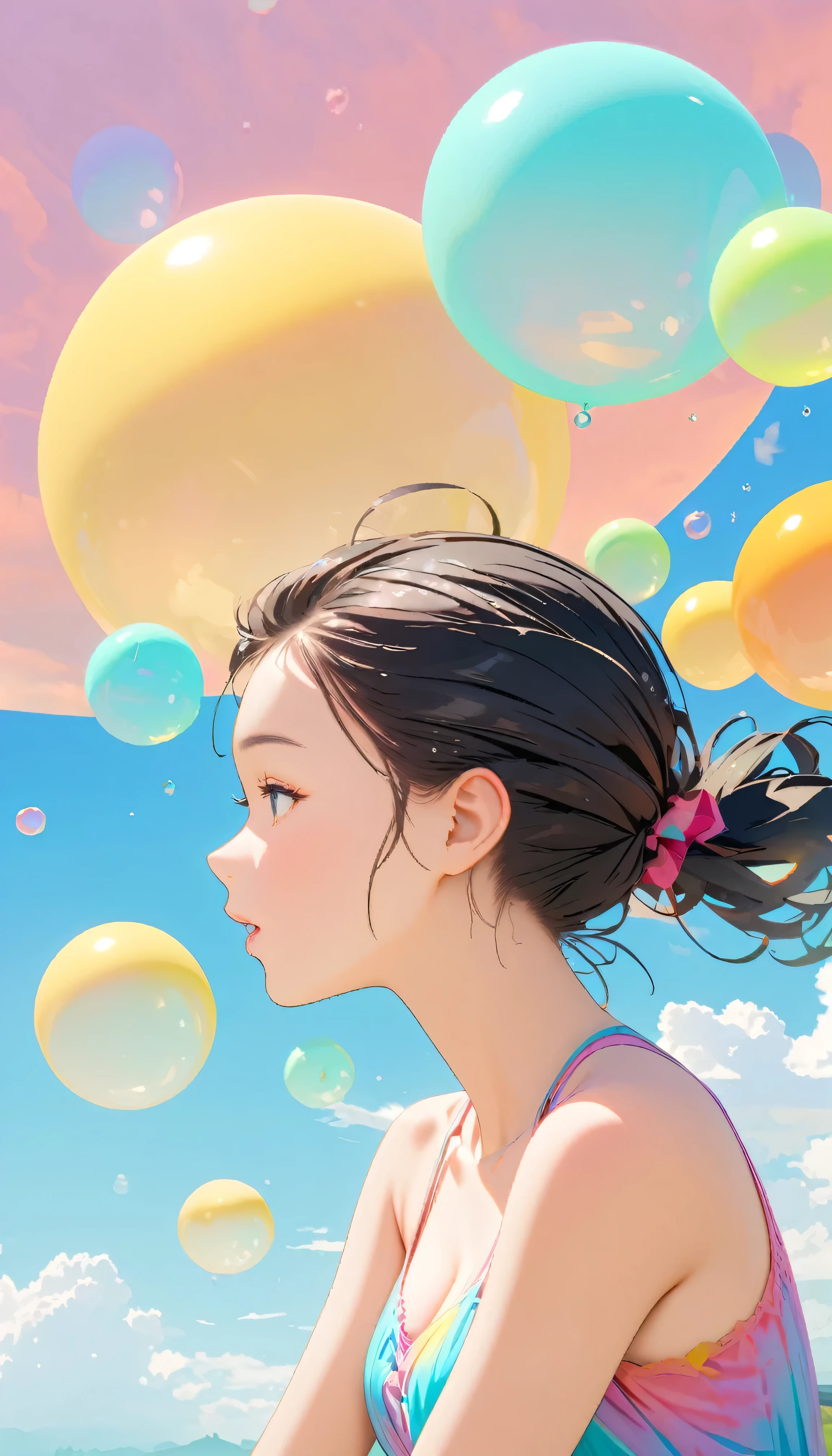 Best Quality, Super Fine, 8k, Incredibly absurd, Very detailed, 2.5D, Beautiful Goddess, Soap bubbles, Pastel colored clouds, Sunshine, Pop Art, Delicate and dynamic, Pastel color fantasy, Black Hair, Official Art