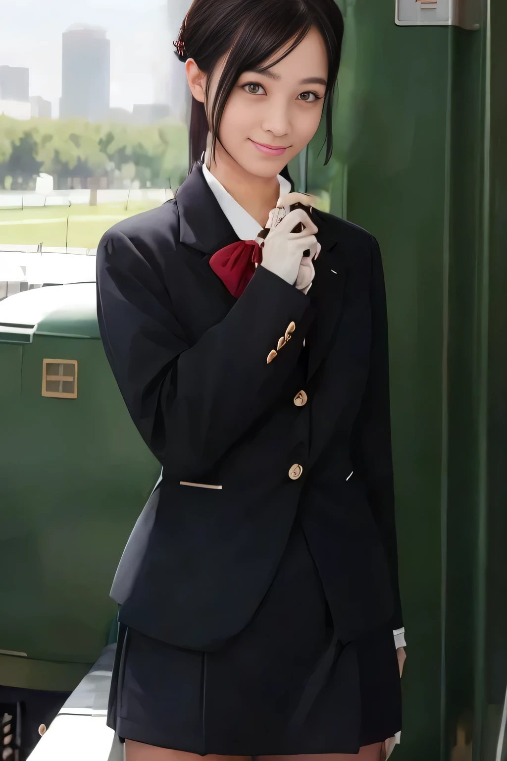 (masterpiece:1.2, Best Quality:1.2), 32K HDR, High resolution, (Alone、1 girl)、（Rooftop of a building during the day、Professional Lighting）、Building rooftop background、（JR woman train crew Uniform blackを着たリアルスタイル）、（（JR female train attendant uniform black white blouse short sleeve 、Black knee-length wrap culottes、Black jacket、scarf））、dark brown hair、（Long Hair、Hair tied up、Hair tied up）、dark brown hair、Long Shot、Big Breasts、Thin legs、（（Great hands：2.0）），（（Harmonious body proportions：1.5）），（（Normal limbs：2.0）），（（Normal finger：2.0）），（（Normal eyes：2.0））)、smile、（JR female flight attendant uniform black knee-length wrap culottes skirt beautiful posture）、Hands down